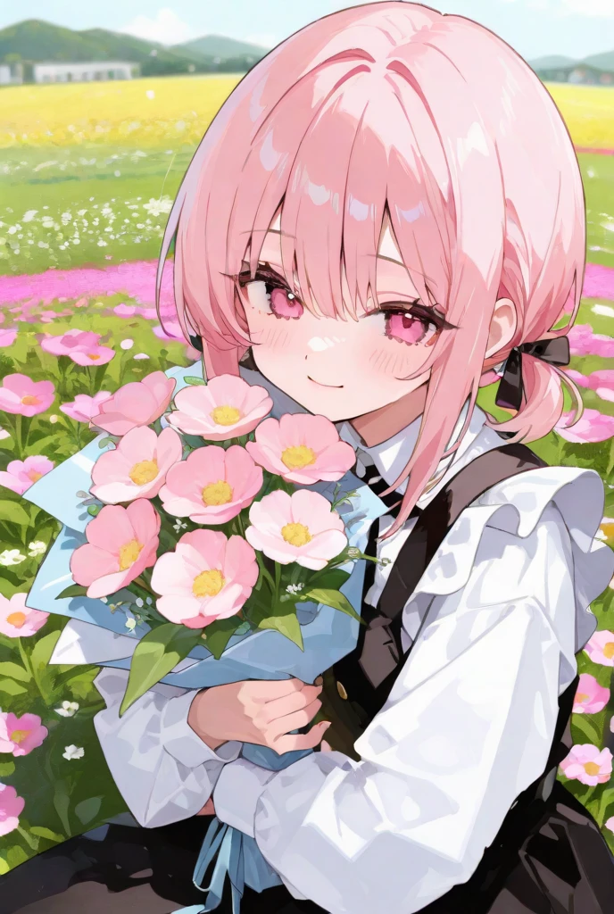 (Girl with a nasty appearance:1.3)、(Daytime park:1.5)、(and chest:1.4)、Raw photography, top-quality, hight resolution, (masterpiece), (Photorealsitic:1.4), (Mole under the eyes),Anime Cosplay, foco nítido, nffsw, 8K分辨率, intricate detailes, depth of fields, the Extremely Detailed CG Unity 8K Wallpapers, front lit, femele,25-years old、 Happy face、(Odango Hair:1.5)、(A big bouquet in his hands:1.5)、see -through、(Medium pink hair)、blue eyess,(Stars in the eyes:1.5)、(doress:1.3)、(shining sky:1.4)