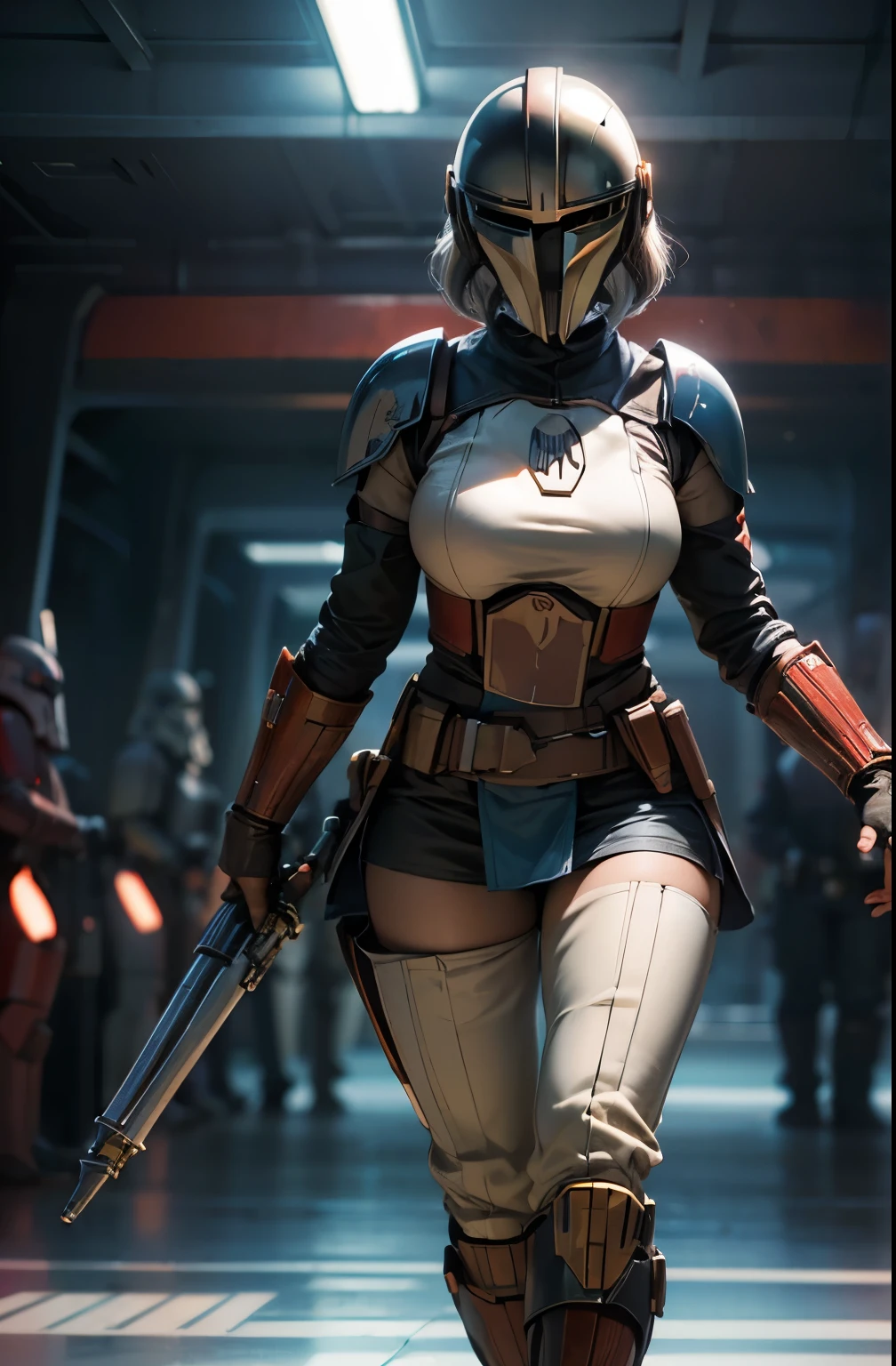 Star Wars worldview ,Beautiful Woman Wearing Mandalorian Armor, Carrying a Mandalorian helmet, slender beauty ,open the legs wide,Half naked, ,Slimming, , Gentle Eyes, flows from my crotch