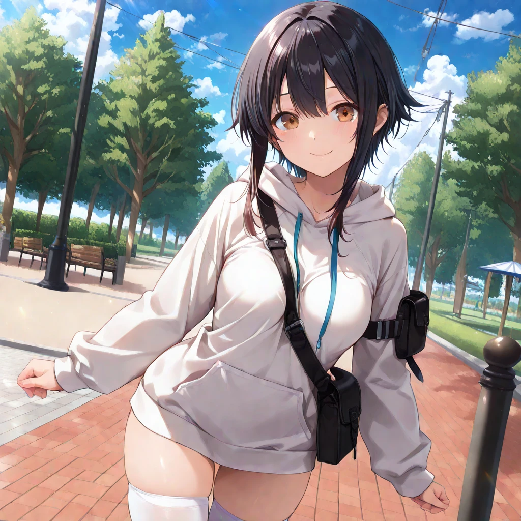 Hide and seek、A Japanese Lady、A dark-haired、realisitic、lightly dressed、The whole body is reflected、The human、in woods、Light jacket、Embarrassed、Underwear visible