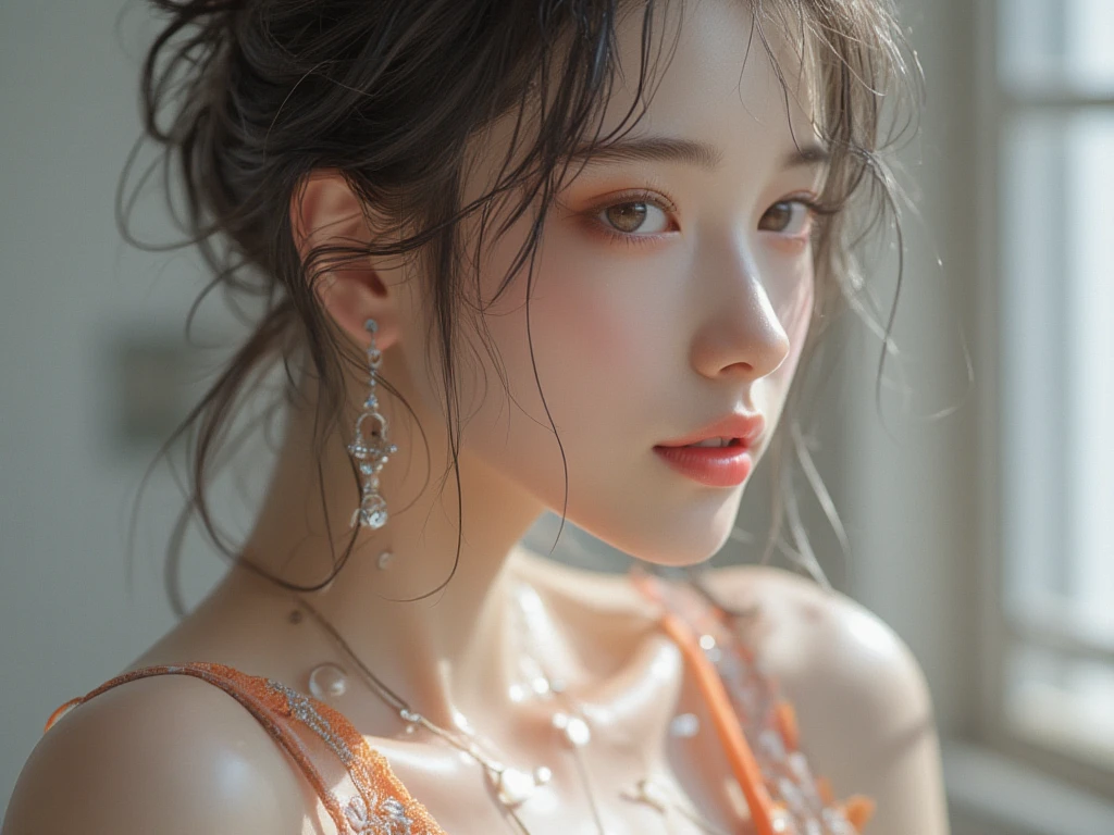 masterpiece, 1 beautiful girl, Delicate eyes, Swollen eyes, top quality, Ultra high resolution, (Reality: 1.4), original photo, 1 Girl, Movie Lighting, Japanese, Asian Beauty, Korean, very beautiful, beautiful skin, slim, Body facing forward, (Surreal), (high resolution), (Eight thousand), (Very detailed), (Best Illustration), (精美Delicate eyes), (Ultra Detailed), Delicate face, Looking at the audience, Face straight ahead, Neat clothes, sleeveless, ((Exposing nipples:1.2)),((Exposing nipples:1.2)),((Exposing nipples:1.2)),short hair, Black Hair, 46 points side bangs, White background, tidy room,