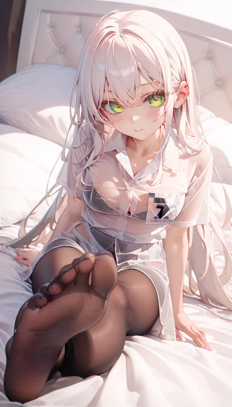 Top quality, masterpiece, High resolution, (whole body), front, Symmetric, Mature , alone, (whole body from head to toe), Small breasts, Long Hair, slightly Messy Hair, (Fishnet tights), (composition where she is made to sit and lift her foot and make her foot open), (Fold your arms in front of your chest), composition Showing white panties, slender beautiful foot, Very beautiful 17 year old girl (No shoes) foot), Blushing, Shy big eyes, Messy Hair, looking at the camera, Showing white panties, White frilly lingerie, High Blazer, High school uniform white blouse, High with blue ribbon, High length with short check pattern and navy pleated skirt
