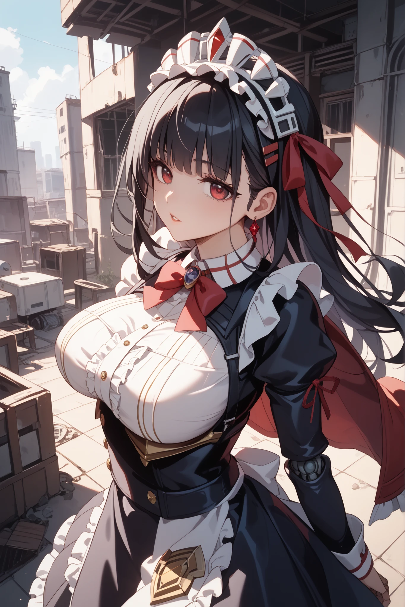red eyes、long black hair、 Gothic ta Dress 、classic apron、black ruffle skirt、 Bulletproof Vest 、Chestplate、long jacket、(headgear、 robot joints ) 、((extremely big breasts))、anime-style、HD、High Quality、abandoned city