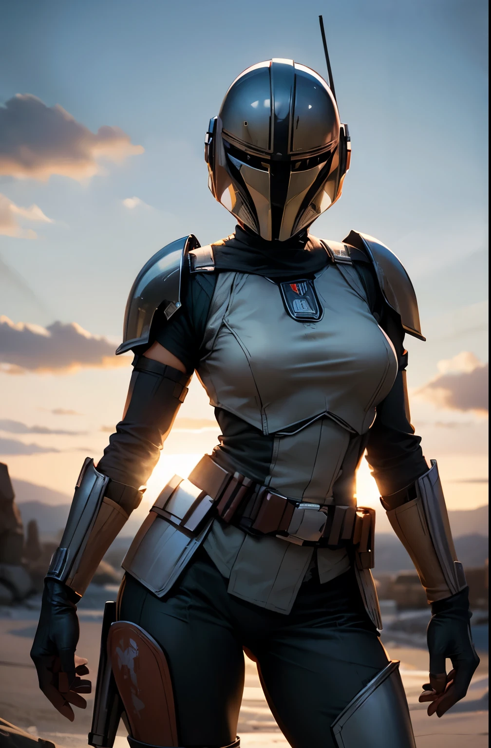 Star Wars worldview ,Beautiful Woman Wearing Mandalorian Armor, Carrying a Mandalorian helmet, slender beauty ,open the legs wide,Half naked, ,Slimming, , Gentle Eyes, flows from my crotch