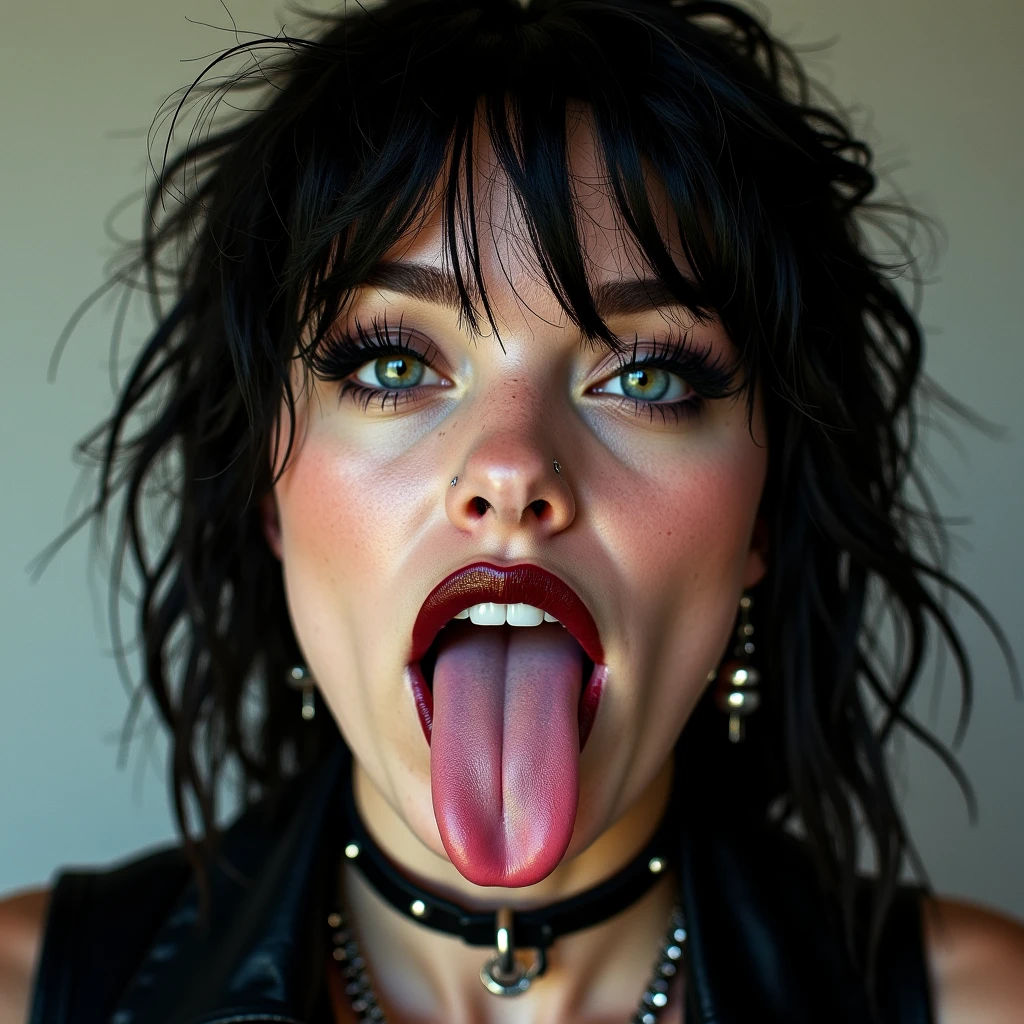 Emo punk girl doing deepthroat dripping saliva on tits. She has black hair with half head shaved, tattoos on her tits and piercings on lip and nipple.
Naked explicit.