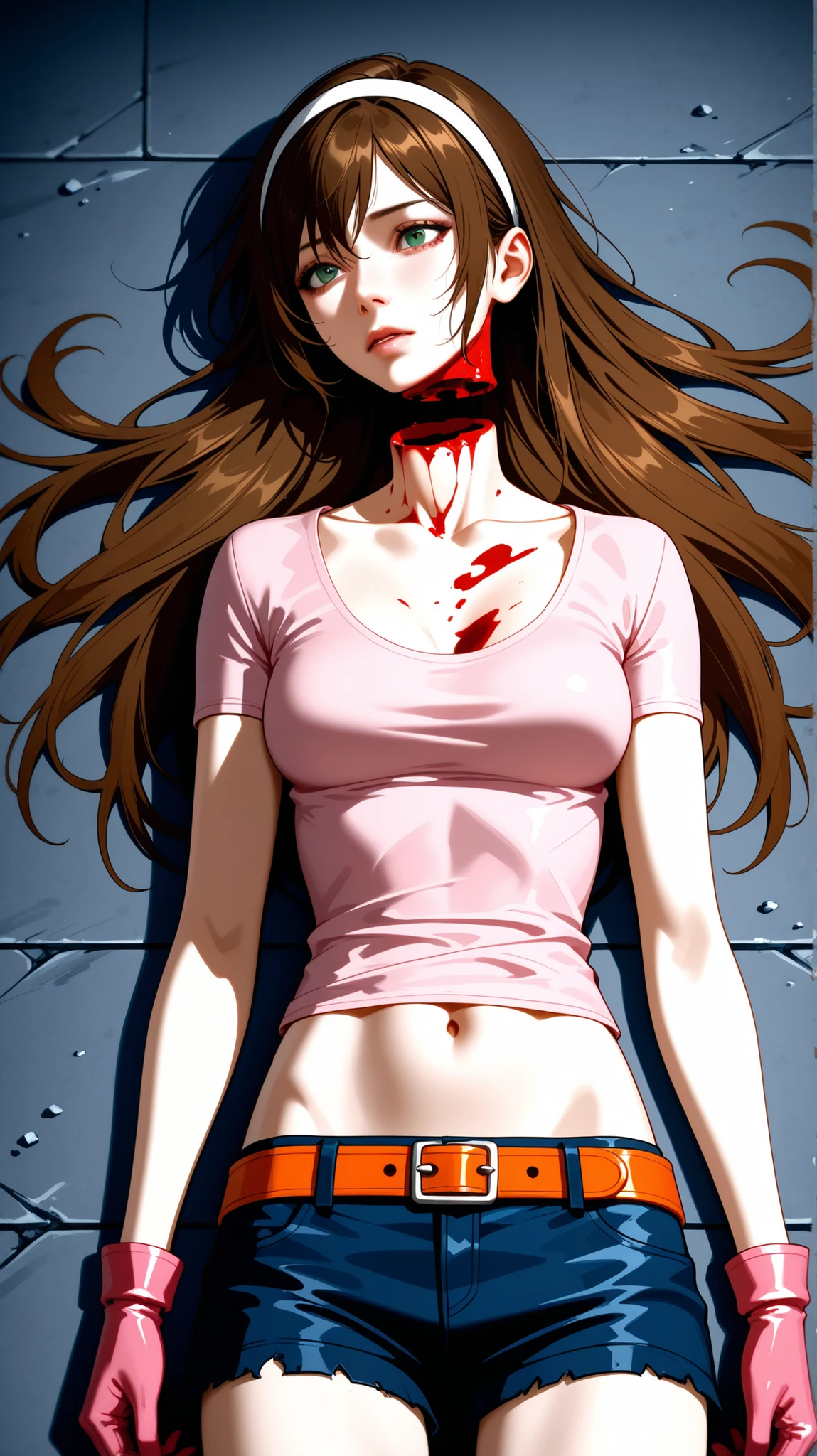 Half-body view of a beautiful woman with long brown hair and full spiky bangs, green eyes, beheading, decapitated head, bloody neck, severed neck, medium chest, her body is full of scratches, wear a white hairband, wear ruined clothes, wear a fit pink leather shirt with short-sleeves and scoop neck, wear a dark blue leather shorts with orange leather belt, pink gloves, her shirt is cut to expose her midriff with deep navel, front view, killed, lying down on ground, ground background, realistic 