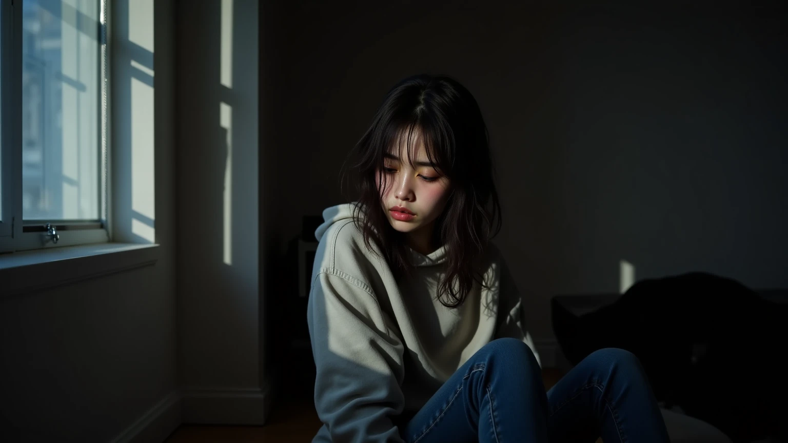 A young woman with long black hair, glasses, fair skin, is lying on the bed alone crying.