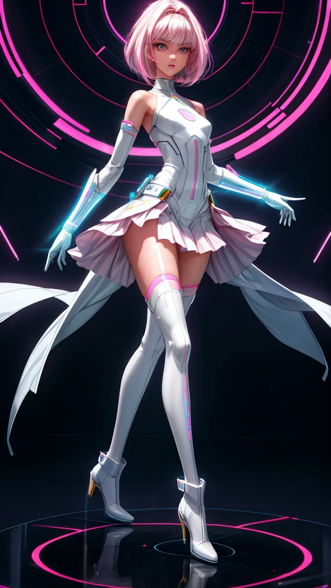 A lovely android woman, obviously mechanical arms and legs, shimmering sheer white gown, backlit eyes) performing ballet with large sweeping movements, spotlight, center stage