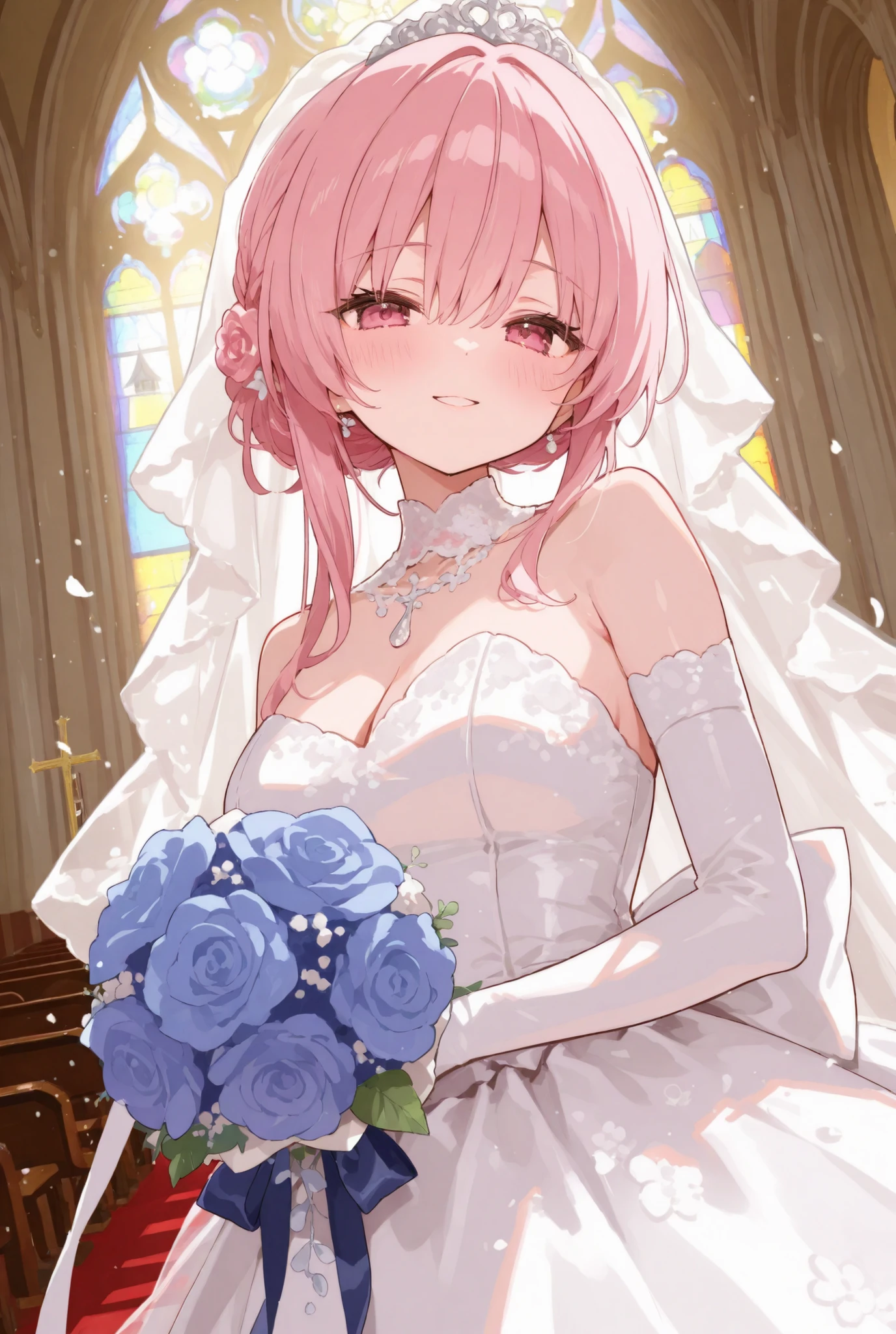 masterpiece, best quality, very aesthetic, absurdres, 1girl, mature_lady, wedding_dress,White lace miniskirt wedding dress, Holding flowers, White lace stockings, wedding hood, ,ram_(re:zero), re:zero_kara_hajimeru_isekai_seikatsu, 1girl, pink_hair, short_hair, hair_over_one_eye, x_hair_ornament, maid_headdress, breasts,,in Desert, Desert Princess,surrounding by flowers,falling_petals, outdoors, petals,,,blur background,background defocus,