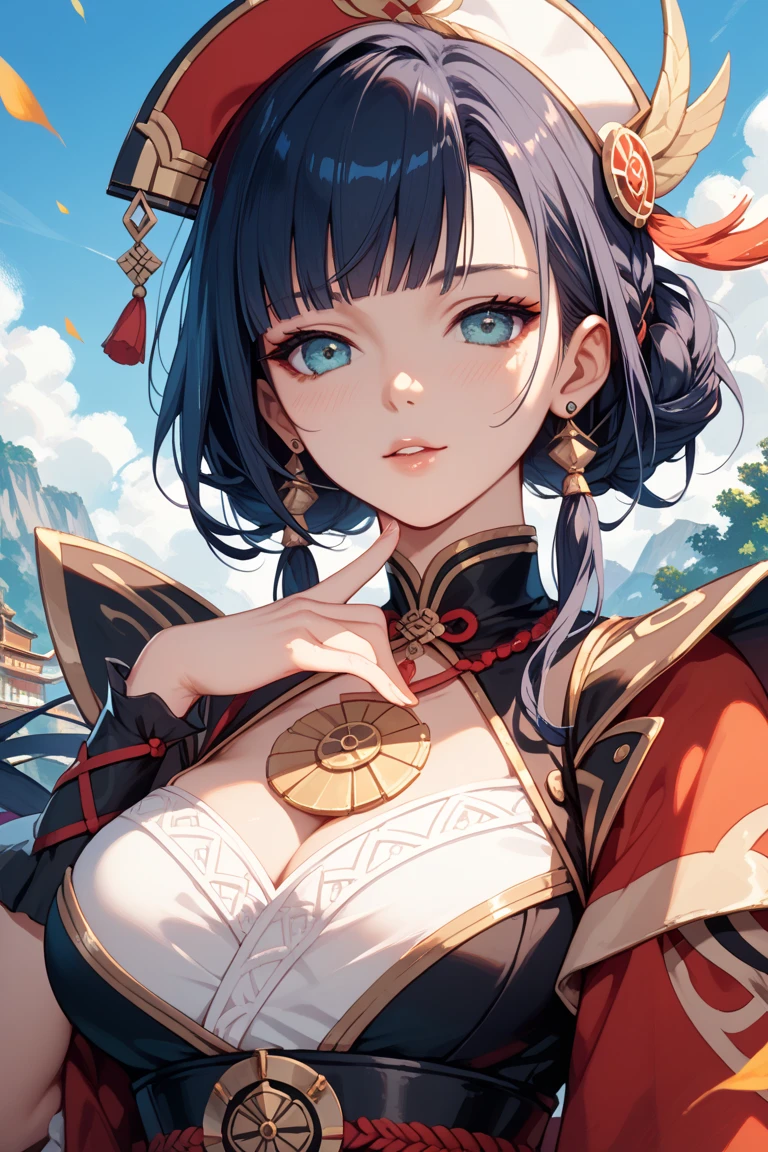 cemetery, dress, braid, chinese clothes, headwear, ofuda, jiangshi, qing guanmao, absurdres, RAW photo, extremely delicate and beautiful, masterpiece, Best Quality, ultra high resolution, 32k, hyperrealistic, ultra-detailed, detailed description, pale skin, 20 years old, tearful mole, earring, Colossal tits, short medium hair, wavy hair, whole body shot,