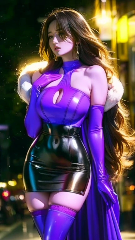 japanese face, black hair,magenta highlights, thick lips, beautiful long legs, bright skin, goofy smile,Long and smooth, White bodysuit,((bodysuit with Magenta  details)), gloves, magenta neckline,full body standing,strapless dress,((heart shaped neck necklace)),city at night, on top of a building, watching like a hero,{((magenta  details throughout the costume))},),(((magenta pointed shoulder pads up))), {{fullbody}},(((long cape on the coast))), high heels, Body standing. bow tying the hair.