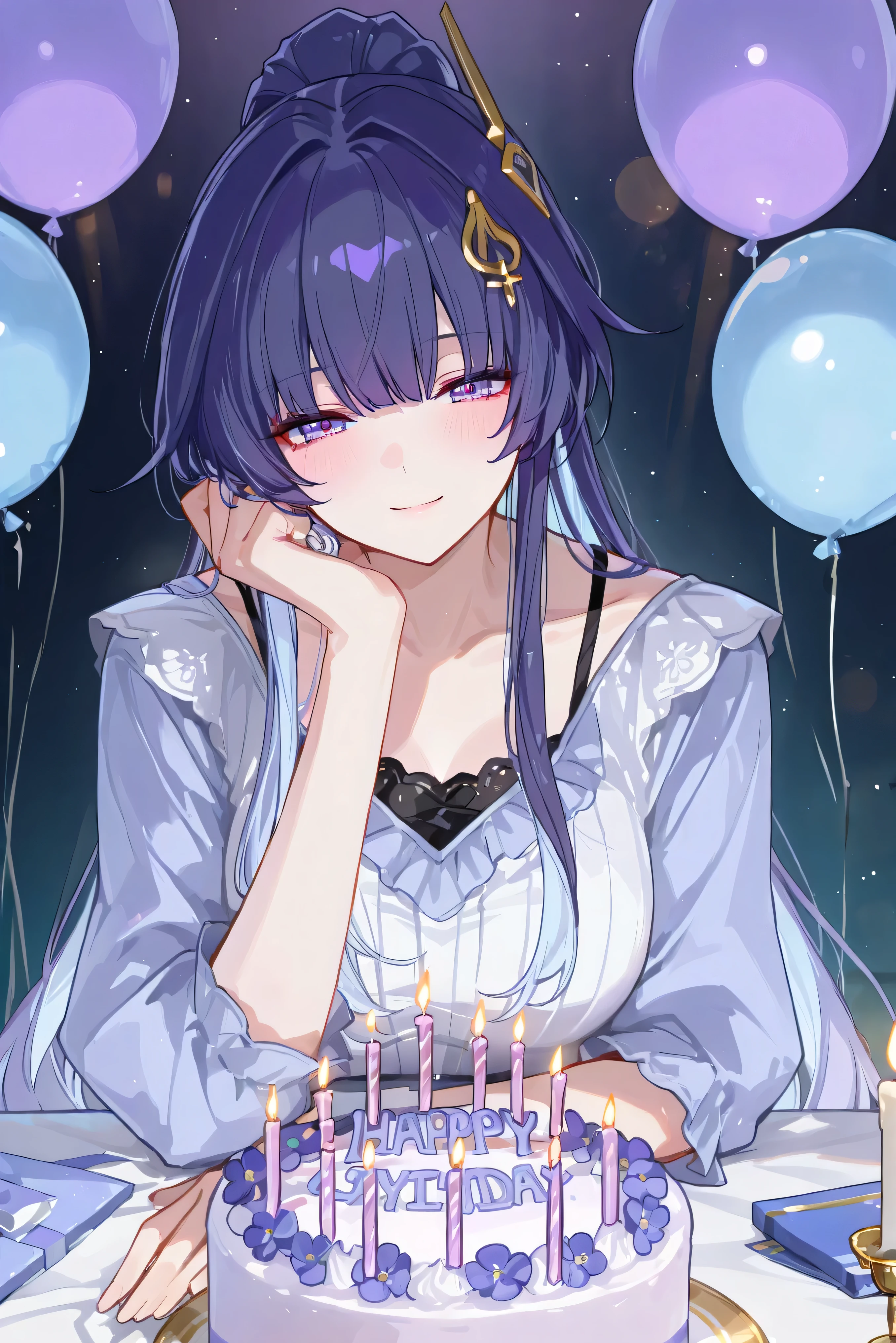 score_9, score_8_up, score_7_up, masterpiece, best quality, very aesthetic, absurdres, tunning image, light particles, attractive image, solo, 1girl, adult grown woman, RMei, Fol005, RM_Hoo, raiden mei, purple hair, purple eyes, colored inner hair, light blue hair, masterpiece,best quality,amazing quality, 748cmstyle, 5 fingers, HAPPY BIRTHDAY, birthday, cake, candle, balloon, gift, birthday costume, high ponytail, alt hair ornament
