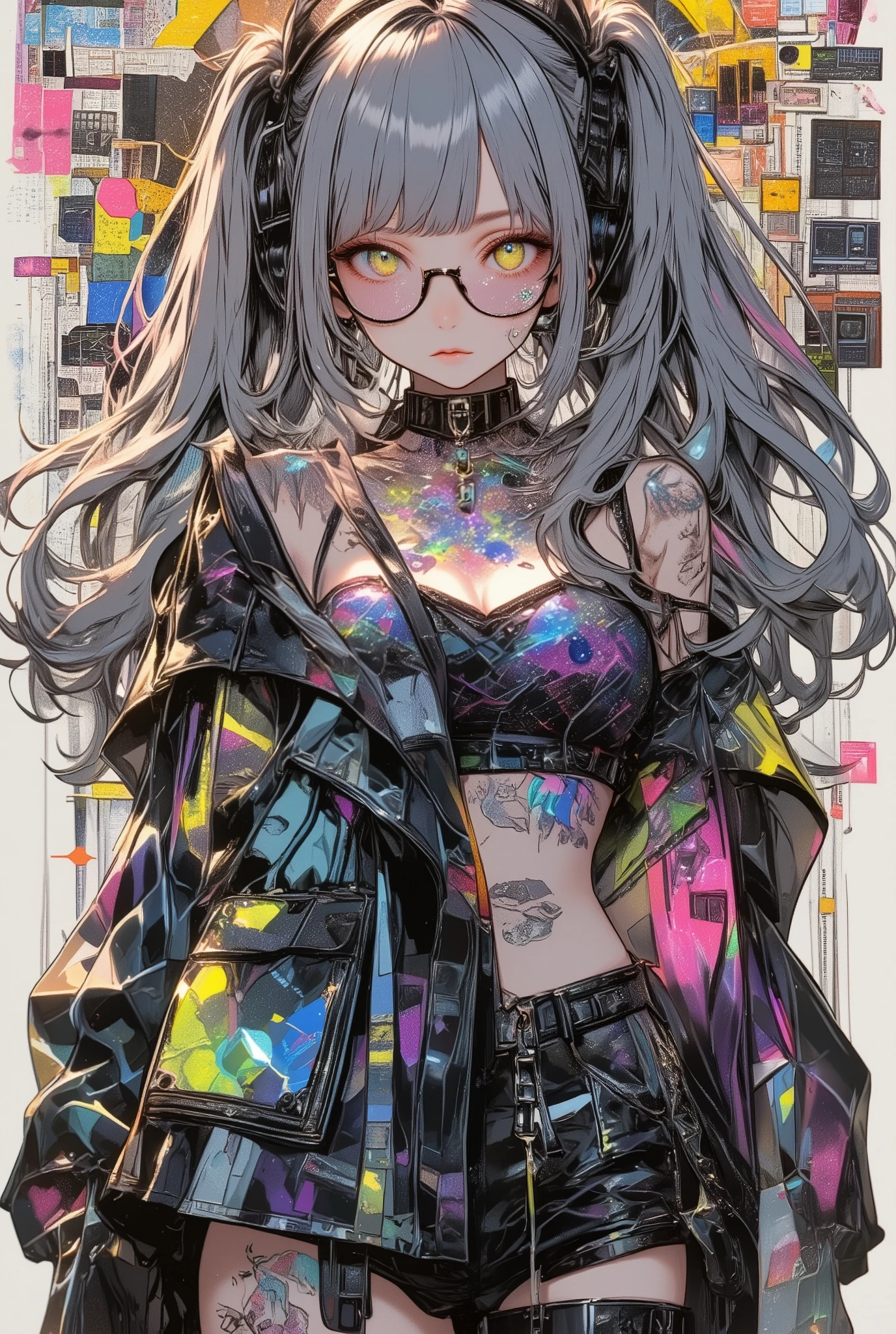 glasses、glasses、glowing eyes、long hair, gray hair, masterpiece, top quality, very beautiful, absurd, with bangs, glasses, yellow eyes,yellow eyes, glasses、 breathtakingly beautiful, That's Too Beautiful、Reminds me of death, ジャズを演奏する日本人female, mixed media work , の美しい日本ゴシックスタイル日本人female,, guitar, Her anatomically accurate fingers express the inner world of the :1.8, punk girl, female" listen to me "シュール collage, a contemporary artistic collage, collage artwork, Entry Mind Map , OUTPUT PROCESSOR , Containing Wavy Hair, NEW MAGAZINE COVER , 複数の要素が重なり合うデジタル collageスタイル, Flat chest, digital collage, ( collage ), Large art, contemporary collage, oscilloscope:1.21, Black Gothic Costume Style :1.5, mixed media collage, Super Realistic Avant-Garde Design, Amazingly High Definition , Las Vegas Surreal Style , convertible, autism spectrum below the screen, 断片化したオーディオ機器の collage, speaker, Guitar Amplifiers , ANALOG RECORDS , Cassette Tape, retro microphone , clock, headphones , Crowded Screens , tattoos are prohibited ,