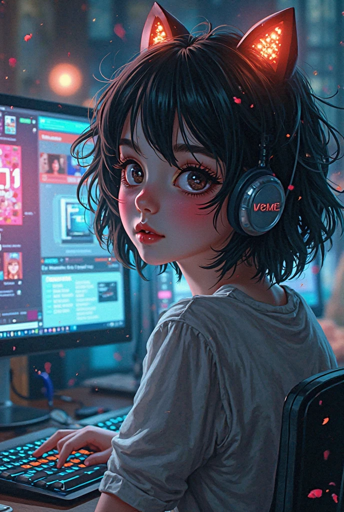 a confident Japanese child, around 10 years old, coding with a determined expression, eyes sparkling with joy and excitement. They are slightly smirking, focused on the screen, with their fingers confidently tapping on the keyboard. The room is clean and organized, with a desk full of programming books and posters. The child is wearing a simple, clean, and casual outfit, like a white T-shirt and jeans or a thin hoodie and chinos. The background is filled with programming-related items such as a robot or an electronic kit, adding to the child's sense of accomplishment and enthusiasm. The overall vibe is one of youthful confidence, determination, and pure joy in the world of coding.