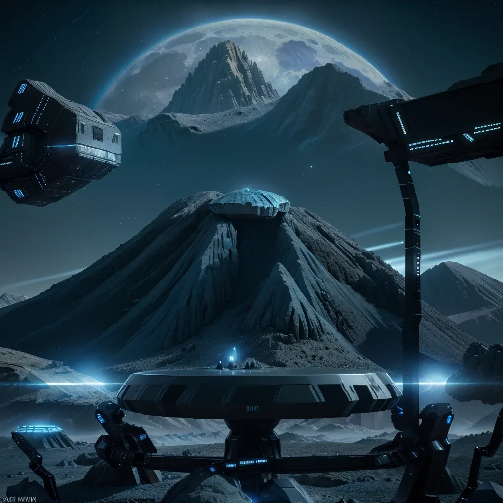 best quality, highres,Cyber sci-fi style, close-up of a mountain in the distance with a blue moon in the background, stunning alien planet landscape, black rocks with a glowing black mechanical platform on the ground, surreal 3d landscape style, rendered in cinema4d style, minimalist stage design, layered surface