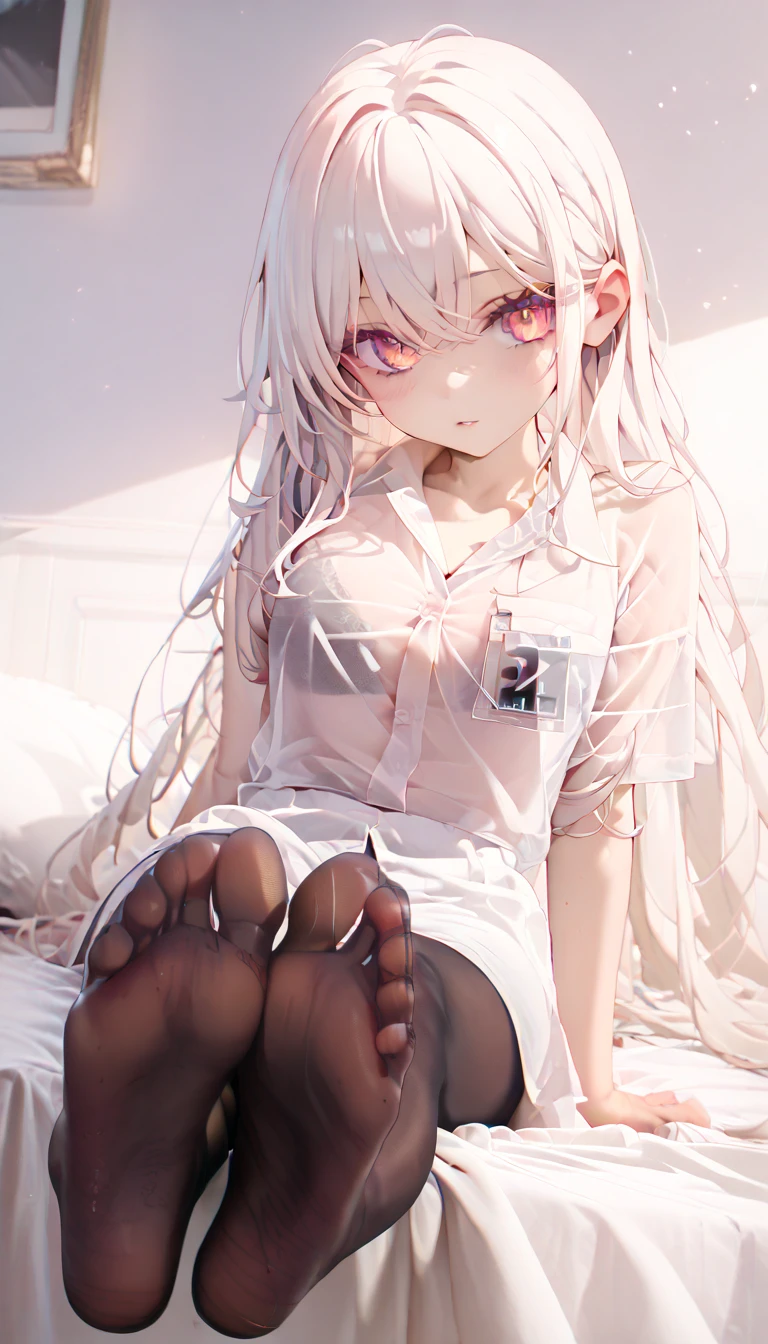 Small loli,long white hair,white stockings,Amber pupils,Black round scalp shoes,short skirt,kneeling on a bed,Sunrise outside the window