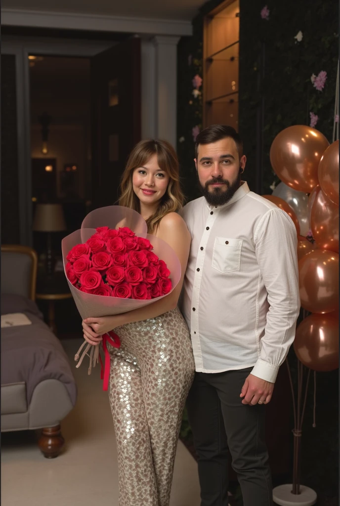 Plump woman with long wavy hair in an evening dress, a plump man with a smile in a formal suit, Best quality, Neon red light, red heart-shaped balloons on the background, realistically