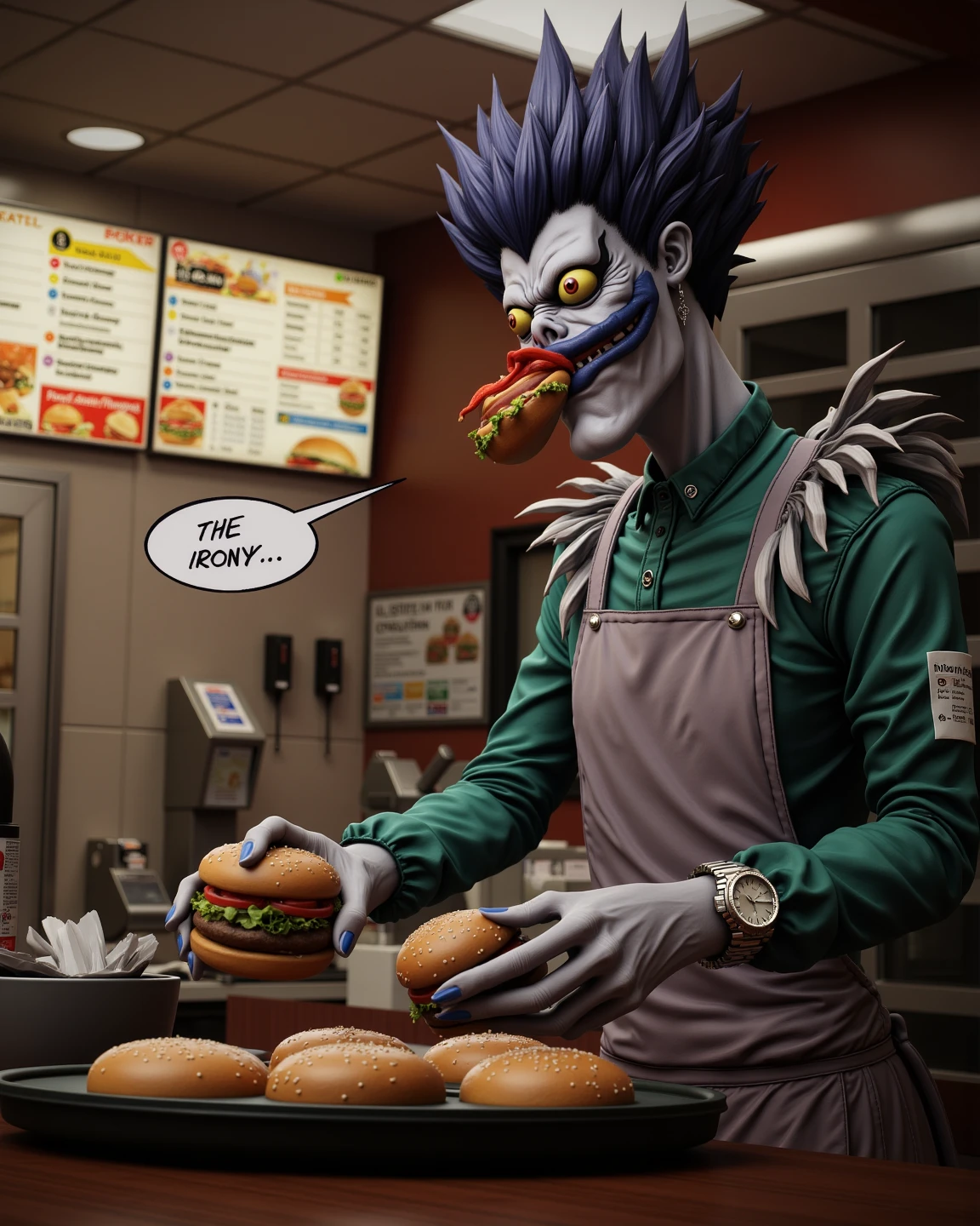 fleshmutant bodyhorror working at a fast food restaurant,close up,, true to life, HDR image,High detail resolution,soft eyes,natural skin,high detailed face,high detailed cloth,film photography,vintage,cinematic lighting,realistic,sharp focus,(very detailed),((4K HQ)),depth of field,f/1.2,Leica,8K HDR,High contrast,shadows, bokeh,(detailed and realistic skin texture),(detailed clothing),(detailed background),detailed skin,(highly detailed skin),(8K HDR photo),realistic texture,realistic shadows,accurate to life,living image,lifelike