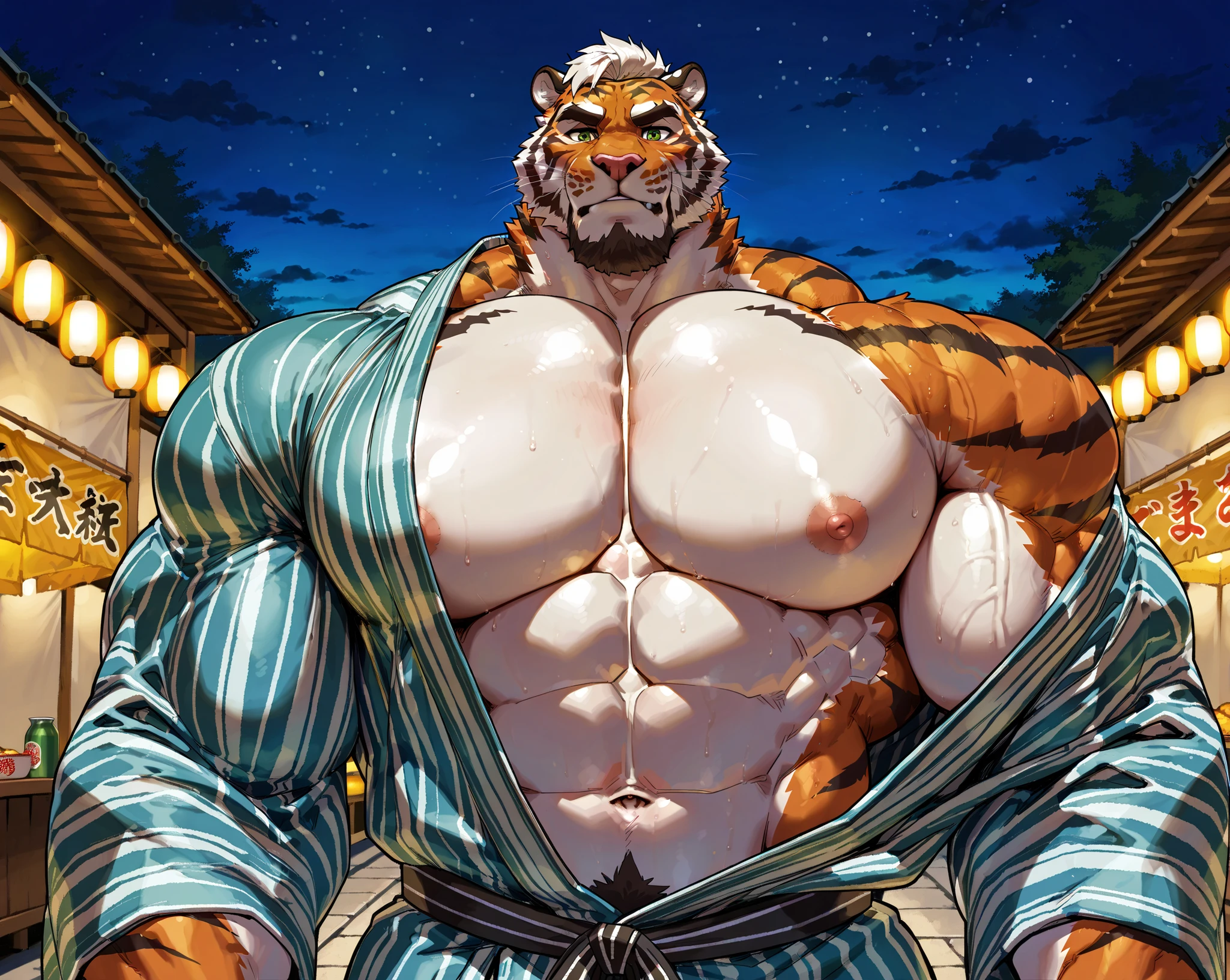 body facing sideways、very large golden tiger、crying tiger、High quality tiger face、Expression of pain、lots of tears、handcuffs、Hands massaging the stomach、abnormally developed huge muscles、Beautiful and well-developed abs、Belly so hairy that you can't see the skin、large amount of pubic hair、Hair around the navel、An overflowing amount of armpit hair、sharp fangs、huge bulge in the crotch、Crotch about to burst、Composition looking up from below、soaking wet body、Outline of an abnormally large male genitalia、Inside the shabby toilet、sideways face、ethnic loincloth、standing pose、Pose that lowers the waist