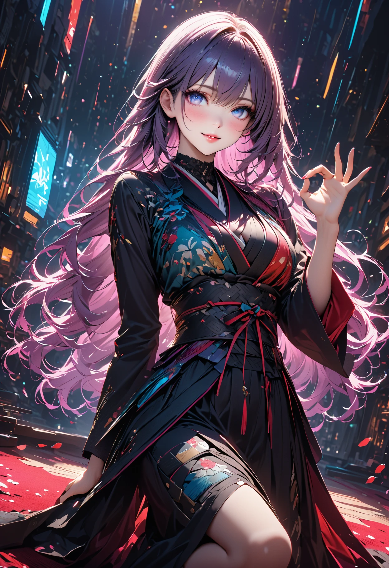 (highest quality:1.2, Very detailed, up to date, Vibrant, Ultra-high resolution, High Contrast, masterpiece:1.2, highest quality, Best aesthetics), Portraiture、girl、((25-years-old:1)), (akusema and blue and green birds printed china dress), Bright colors、Beautiful fine details、Beautiful lip detail, long hair、black and purple ((streaked hair:1.6)), highlights hair: 1.5, brown eyes, gold earrings, ((slim body:1.4)), (small breast:0.7), (dark skin:0.5), vietnamese night city, (cowboy shot:1.5),