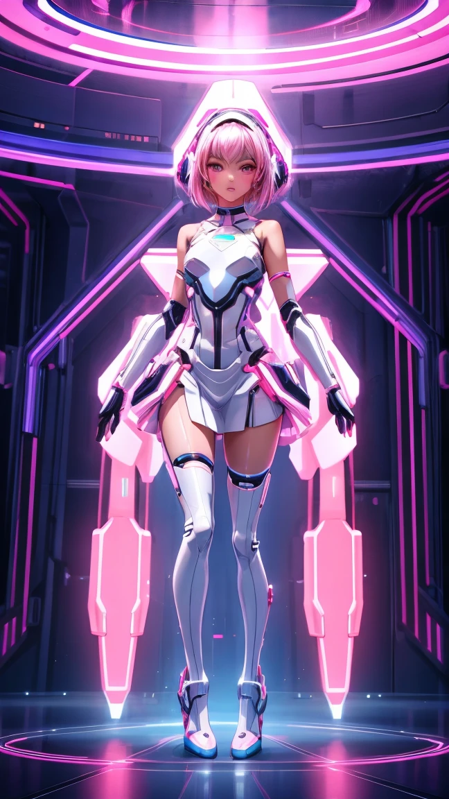 masterpiece:1.4, 1girl in ((20yr old, Wearing a futuristic white and silver costume, Tight Fit Bodysuit, long boots, Very gigantic-breasts, (Colorful pink hair):1.3, a short bob, Perfect model body, Blue eyes:1.2, Wearing headphones, Looking out the window of the futuristic sci-fi space station、While admiring the beautiful galaxy:1.2, SFSF control room on night background:1.1, Neon and energetic atmosphere:1.2)) ((Galaxy))