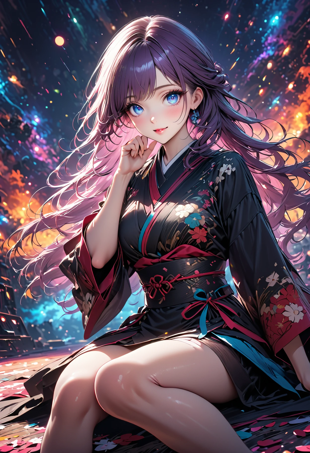 highest quality, Very detailed, masterpiece, 1 person,woman,(((完璧なwomanの体))),Very beautiful face, Very beautiful body,Gentle expression, Very beautiful eyes,(Perfect Makeup:1.1),Fashion Model,Cyberpunk Fashion,Curly Hair,Shaggy Hair,Purple-red and white-blue hair:1.3, Very thin body,Smart Abs, Monogram pattern,Gradation,Dress Long One Piece,Two-tone high-top sneakers,A kind smile,Full body portrait,(Night street background 1.3), (Shiny skin),(Earrings),Seesul,Colorful scarves,A long shawl with an intricate pattern,