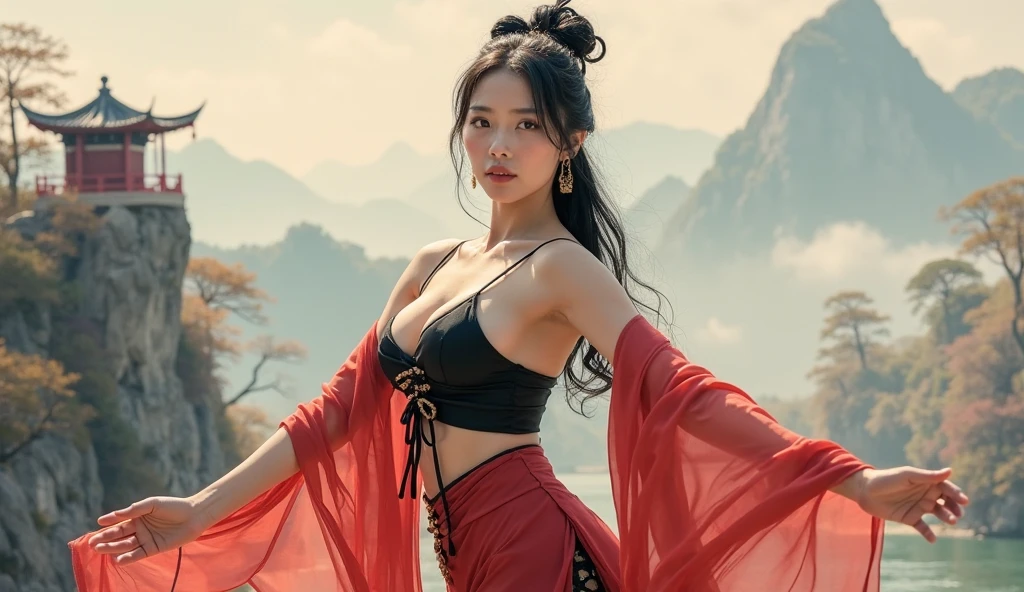 Chinese Ancient Times,Chinese woman,ghost bride,big and plump breasts,Red element,pretty face,Looks haggard and pale and blue,Eyes full of resentment, ghostly wind blowing