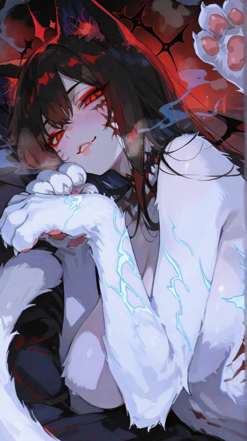 (hews art style:0.7), score_9, score_8_up, score_7_up, score_6_up, bambietta, long hair, hair between eyes, bangs, black hair, BREAK (masterpiece:1.2), best quality, high resolution, (beautiful detailed eyes:1.3), perfect lighting, (perfect hands, perfect anatomy), hearts, pleasured, large breasts, sagging breasts, 1girl, breasts, solo, tongue, tongue out, demon girl, bare shoulders, cleavage, leotard, looking at viewer, open mouth, bridal gauntlets, v-sign over mouth, simple background, heart cutout, upper body, hollow eyes, grey background, clothing cutout, black leotard, fangs, fur trim, gloves