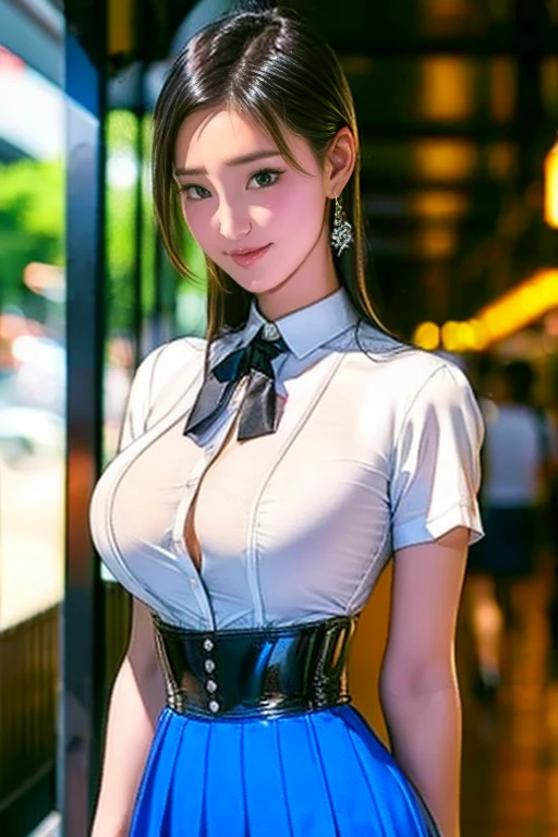 (reality: 1.4),highest quality, masterpiece, high detail, 16K quality, beautiful, 1 beautiful girl,japanese,super beautiful face,baby face,japanese idol face,cute face,super detailed face,detailed hand,beautiful skin,oily skin,big eyes,profeccional lighting,ponny tail,black hair,black beautiful eyes, big smile,sitting with knee up, (skirt lift),big breasts,see through white shirt,open button,cleavage cutout,(checked skirt),white panties,(showing panties),cameltoe,black high socks,spread legs, she is looking at the camera,Skyscraper rooftop,blue sky, nsfw,from front,