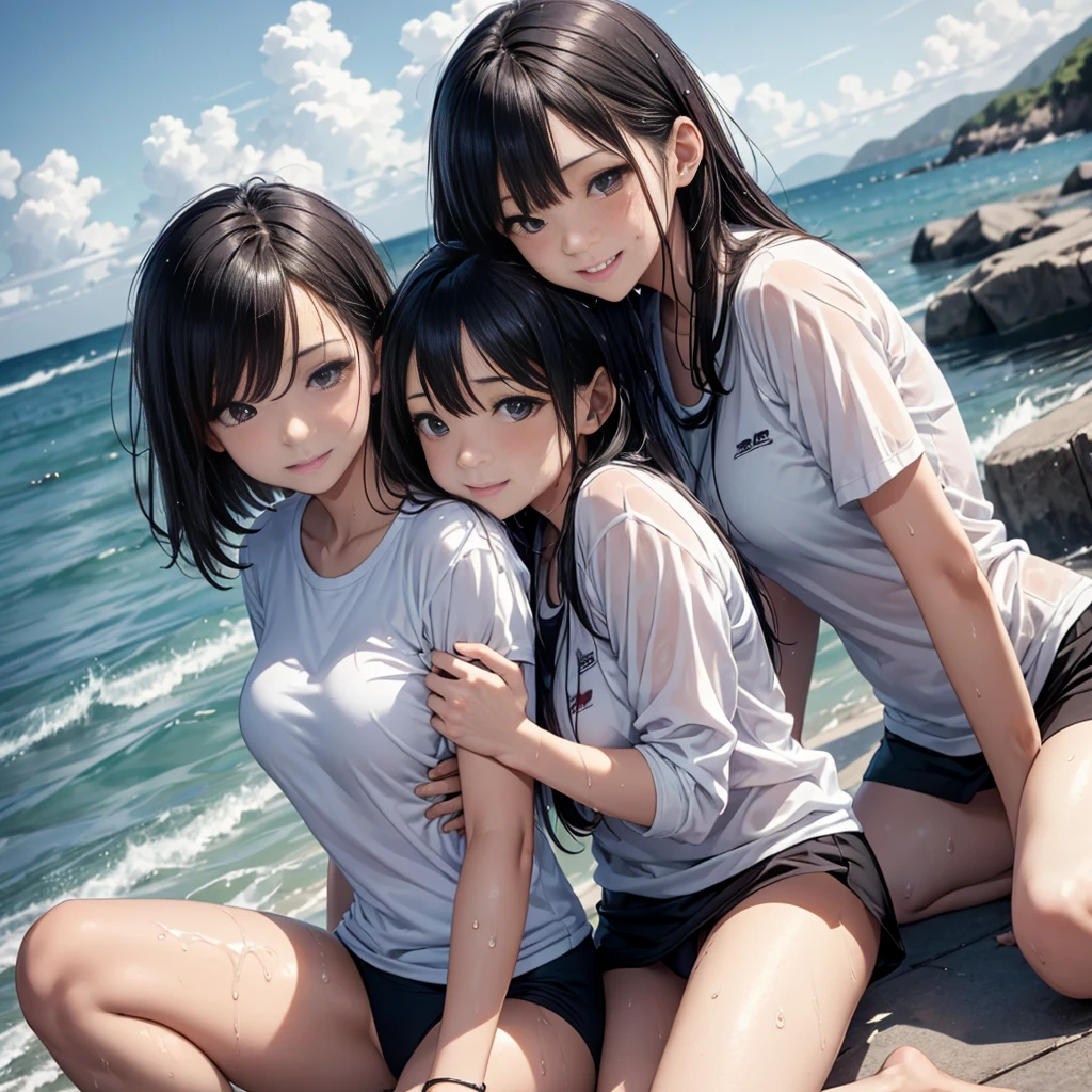 high resolution。High resolution、Low - Angle、masterpiece、Beautiful Girls、cute、Micro Bikini、黄colorいビキニ水着、Girls huddling together、A girl with long hair and a girl with short hair、Dark Eyes、Bright smile、White teeth、Black shiny hair、color々Pause、Wet black hair、Your body is wet、Seaside。sweating、high resolution8K