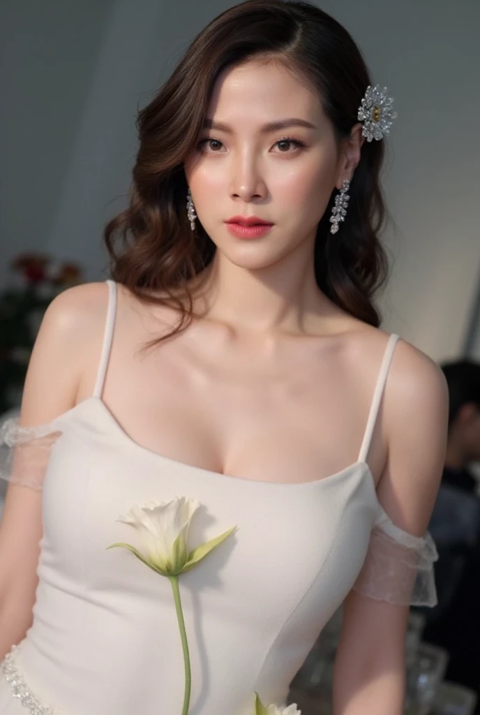 25-year-old Chinese woman, A MILF, RAW photos, bokeh , (realisticlying:1.5), 8k wallpaper, slender body, B cup breasts,Half of the breasts are exposed, serious,The expression is natural and realistic, digital SLR camera, gentlesoftlighting, high high quality, White corset,White 7-point pants,White high heels,Look at the angle from the bottom up,full bodyesbian, parks