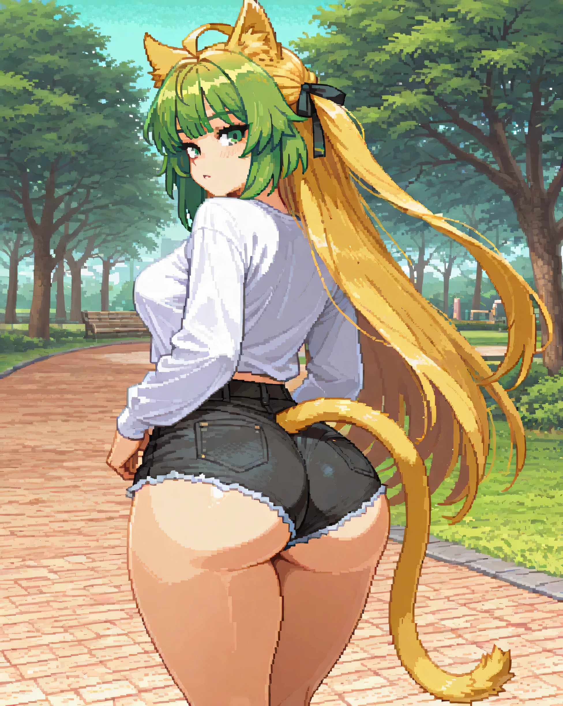1girl, ass, black shorts, breasts, denim, denim shorts, from behind, hair ribbon, long hair, long sleeves, looking at viewer, looking back, medium breasts, multicolored hair, ribbon, shirt, short shorts, shorts, solo, thick thighs, big butt, underbutt, very long hair, white shirt, atalanta, blonde hair, green hair, green eyes, cat ears, cat tail, two-tone hair, park, csp2pixel, pixels, pixel art, outdoors, colorful, high saturation, high contrast