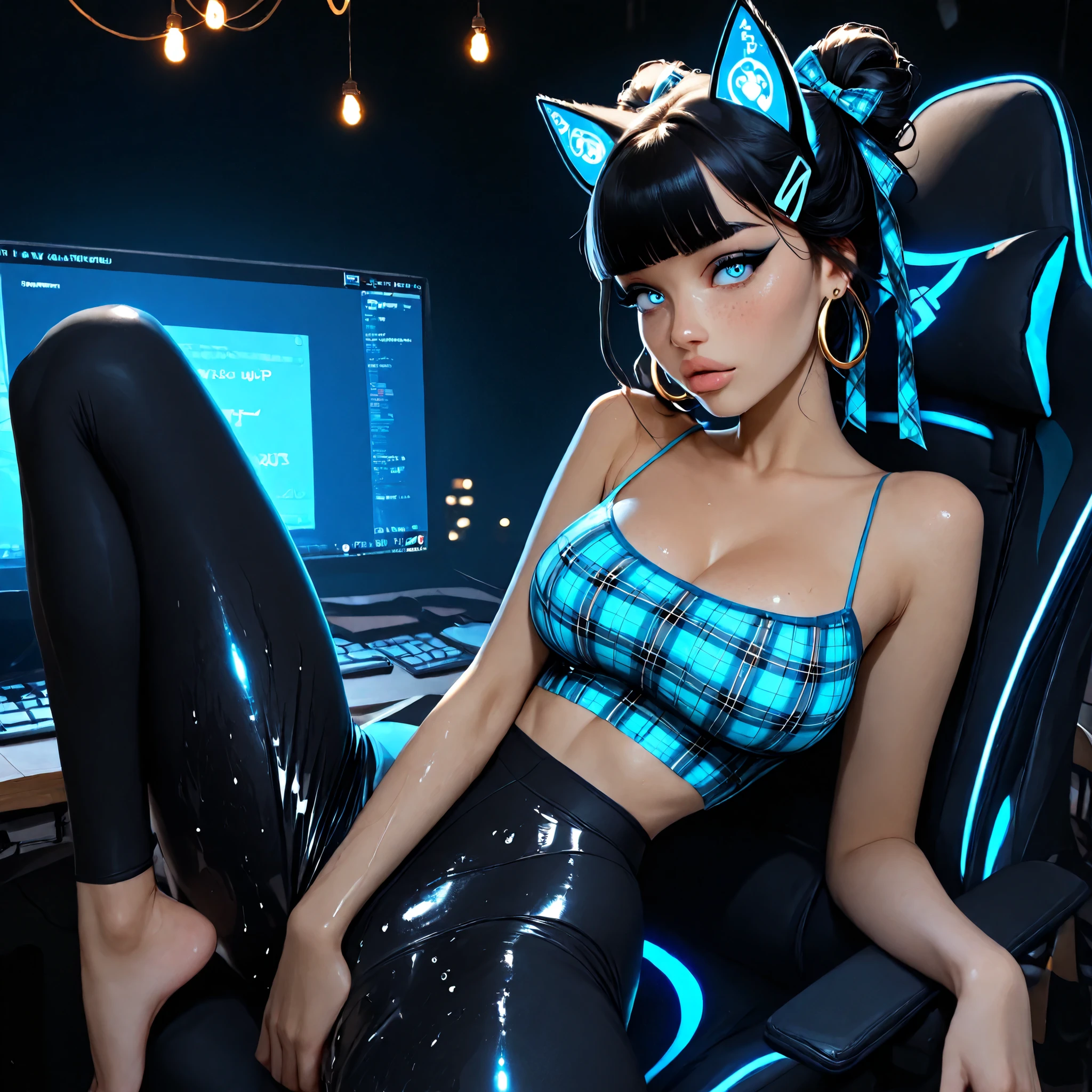 1girl, Solo, Dark eyeliner, heavy mascara, High Resolution, lips parted, Bangs, Hair Bow, Masterpiece, High Resolution, Anatomically Correct, Detail, High Details, High Quality, Hoop Earrings, cute freckles, plaid Hair Ribbon, Jewelry, Hair Clip, Backlighting, Bloom, Cinematic Lighting, God Rays, score_9, score_8_up, score_7_up, cinematographic film image, beautiful young girl, babyface,very glossy lips, pigtail buns, blunt bangs, black hair with many blue streaks, cat ears, large breasts, tight spaghetti strap top, wet pants, black leggings, leg propped up on desk, legs spread, hand between legs, gamer girl, sitting at expensive gaming setup, large computer monitors, glowing led string lights, looking at computer screen, side view, not looking at viewer, horny, head tilted back, arched back, glistening skin, face close up, laying back in gaming chair, feet in picture, blue eyes