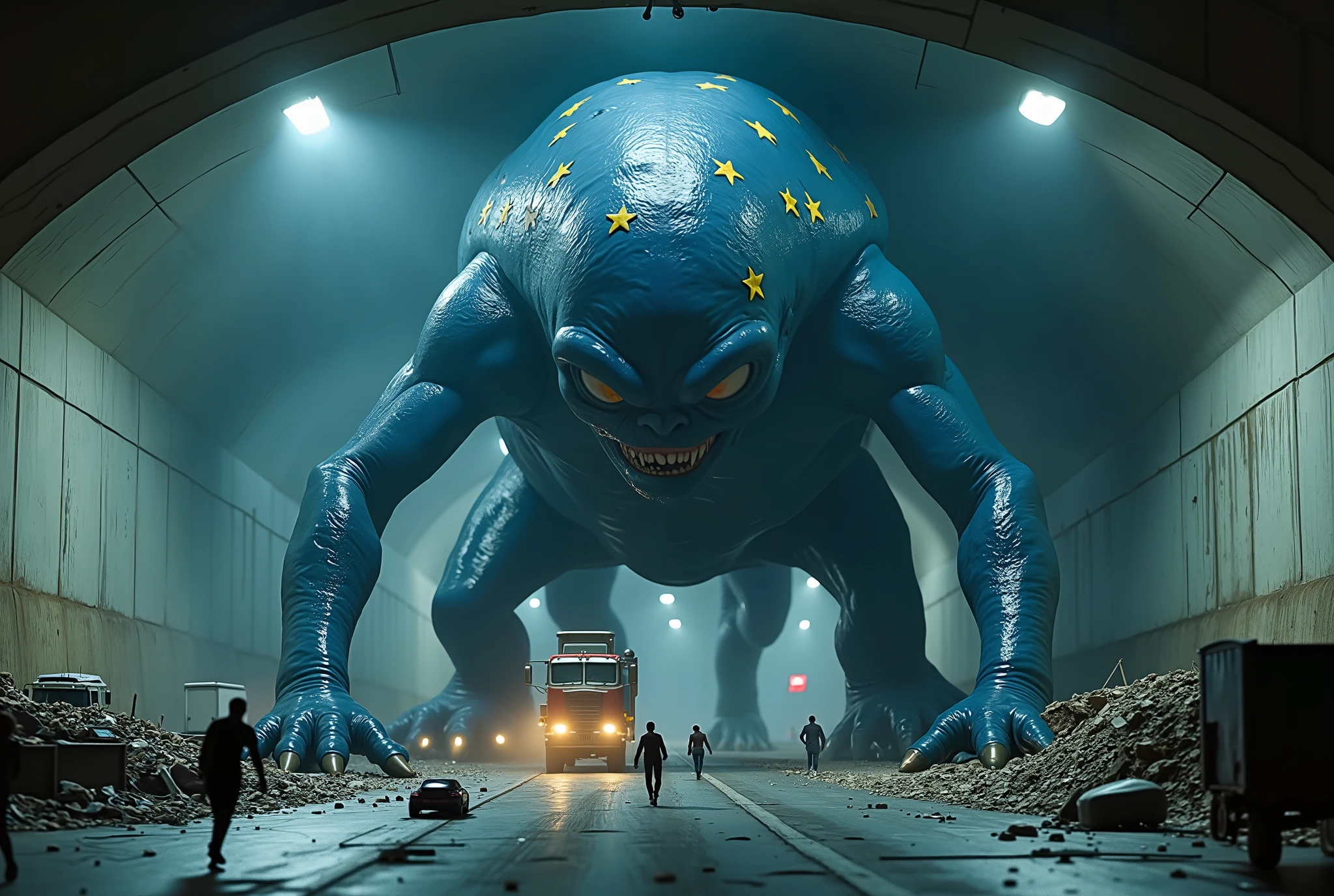 netflix movie screencap, giant-sized anthropomorphic dark-blue slime blob /(arms and legs like a human, a few dark-yellow stars on the dark-blue body)/ crawling through a confined highway tunnel, the gallery it's just lit up by lights on the ceiling, with microscopic cars and trucks, wide-angle perspective emphasizing anthropomorphic giant size. The giant anthropomorphic dark-blue blob's back is bent and bent to be able to enter and pass the tunnel, some cars under the weight of the knees and hands are crushed and destroyed. a lot of microscopic people run away in panic to the exit of the tunnel. dramatic and smoky atmosphere. (on the face of the giant is painted absolute evil and hunger). (people run away in panic:1.8)