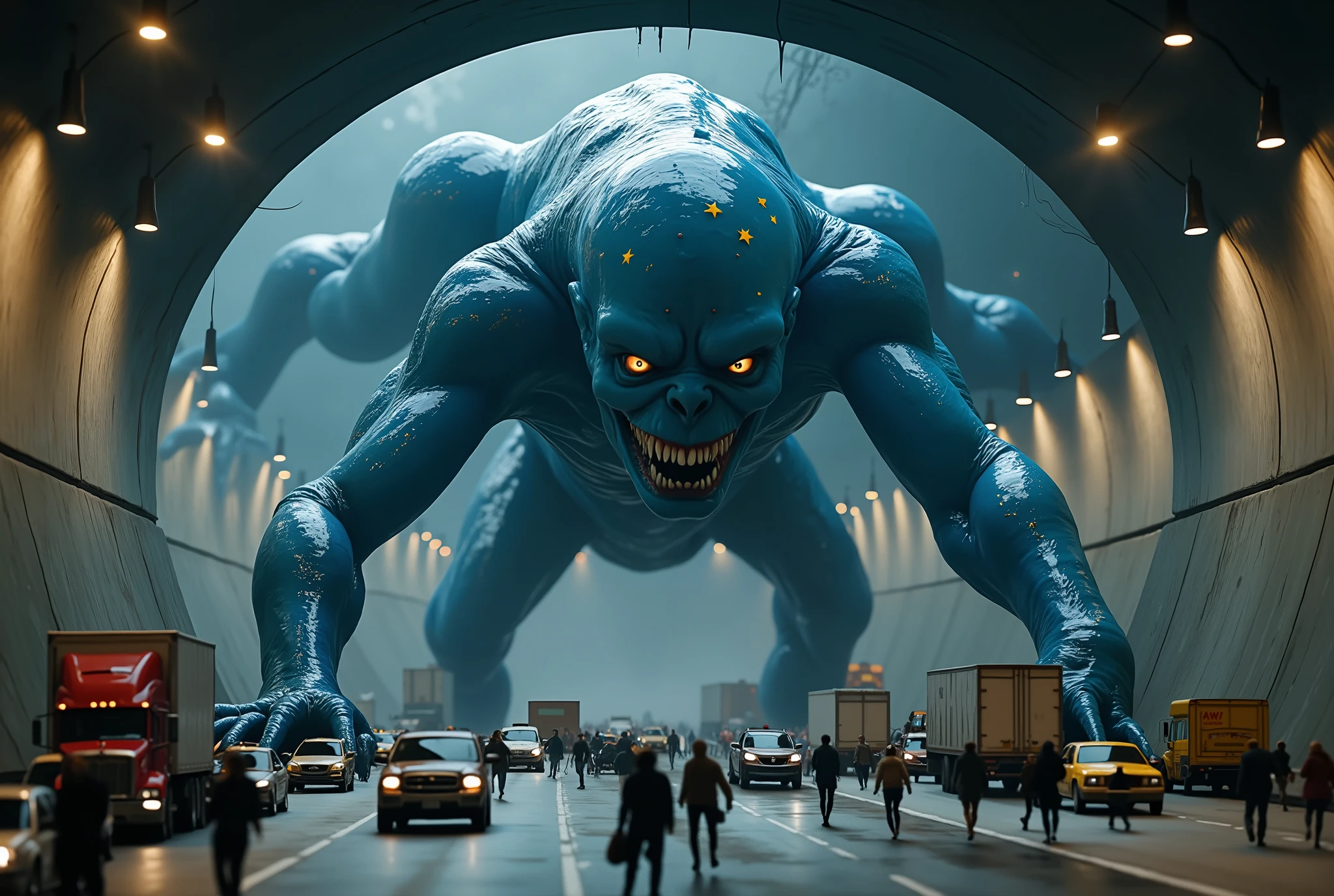 netflix movie screencap, giant-sized anthropomorphic dark-blue slime blob /(arms and legs like a human, a few dark-yellow stars on the dark-blue body)/ crawling through a confined highway tunnel, the gallery it's just lit up by lights on the ceiling, with microscopic cars and trucks, wide-angle perspective emphasizing anthropomorphic giant size. The giant anthropomorphic dark-blue blob's back is bent and bent to be able to enter and pass the tunnel, some cars under the weight of the knees and hands are crushed and destroyed. a lot of microscopic people run away in panic to the exit of the tunnel. dramatic and smoky atmosphere. (on the face of the giant is painted absolute evil and hunger). (people run away in panic:1.8)