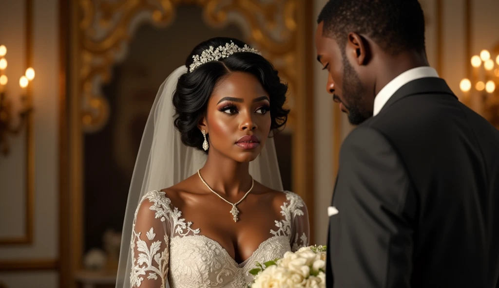 "A beautiful, curvaceous African woman in a wedding dress, seated with remarquable handcuffs associated with chains around her wrists, holding a bouquet of flowers. She appears confident and stunning, with a healthy, very few plumping figure and collarbones not visible. Behind her stands a tall, imposing African man in a suit, exuding a mysterious aura. The background is elegant, with warm lighting that highlights the luxury and drama of the scene."