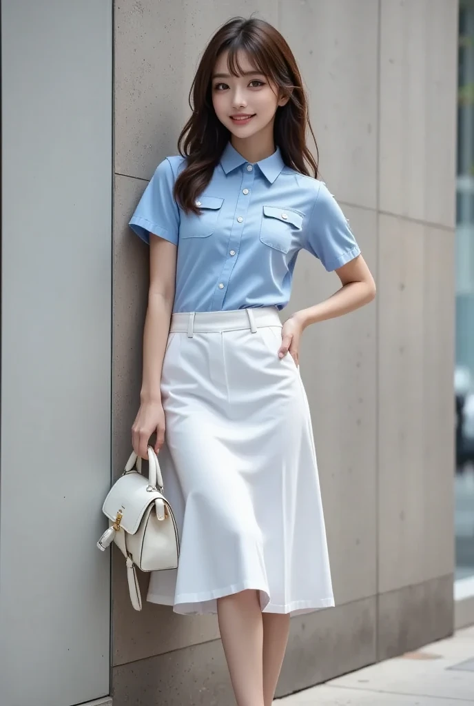 An Arafed woman in a blue shirt and white skirt is posing for a photo ...