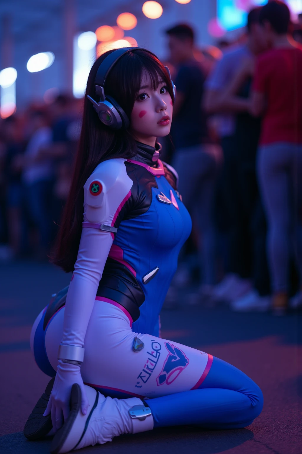 Masterpiece, Best Quality, High Resolution, 1girl, Super High Resolution, Solo, Mech Pilot, D.VA, Headphones, Pink Eyes, Blue Tights, Brown Hair, White Gloves,ornament,
