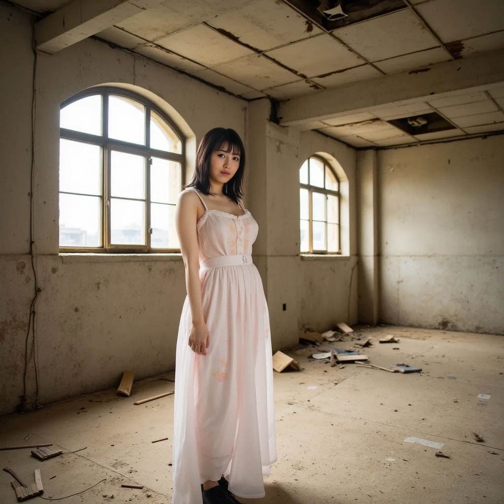 masterpiece, Best Quality, High solution, 32K HDR, Ultra-realistic texture, hyper derailed face, Portrait, (natural, 1 girl, Super Giant Chest), {{A Japanese Lady}}, (((torn, wrap the whole body with a white bandage,))), Detailed eyes, {eroticism 1.5}, Photorealism, (view of Full body shot), Model Body Style, (Stand with crutches, Shabby and messy hospital room, In an abandoned hospital),