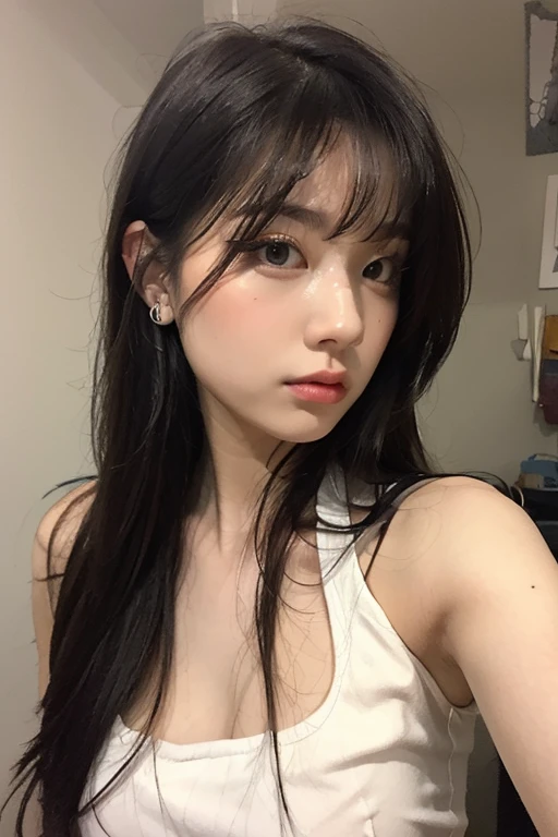 there a woman with long hair and a gray top, ulzzang, she has black hair with bangs, neat hair with bangs, korean girl, black hime cut hair, with bangs, jaeyeon nam, the hime cut, dilraba dilmurat, fluffy bangs, heonhwa choe, with full bangs, girl cute-fine-face