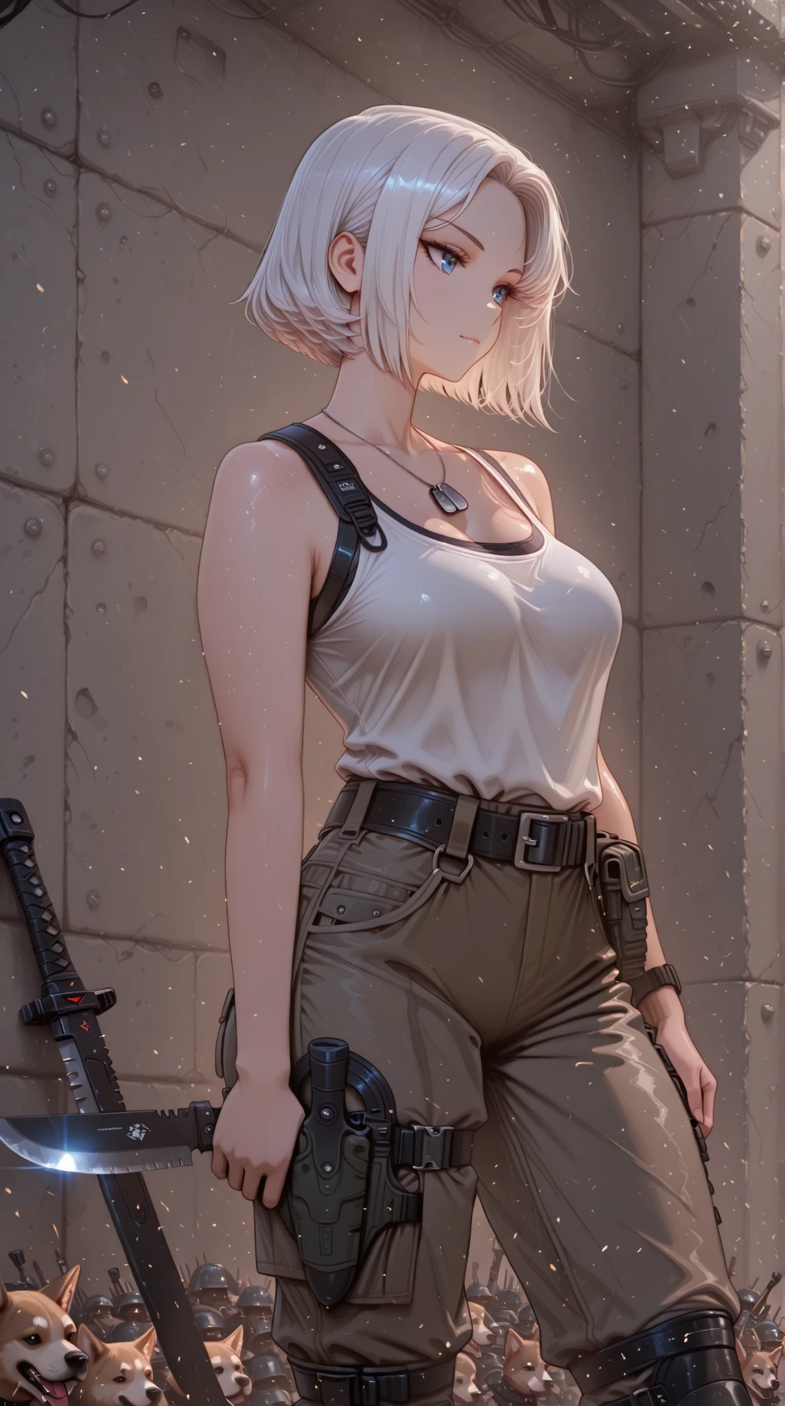 Cool Beauty, belt, harness, tank top shirt , leg holster, arm survival knife holster, Dog Tags, Army Boots,