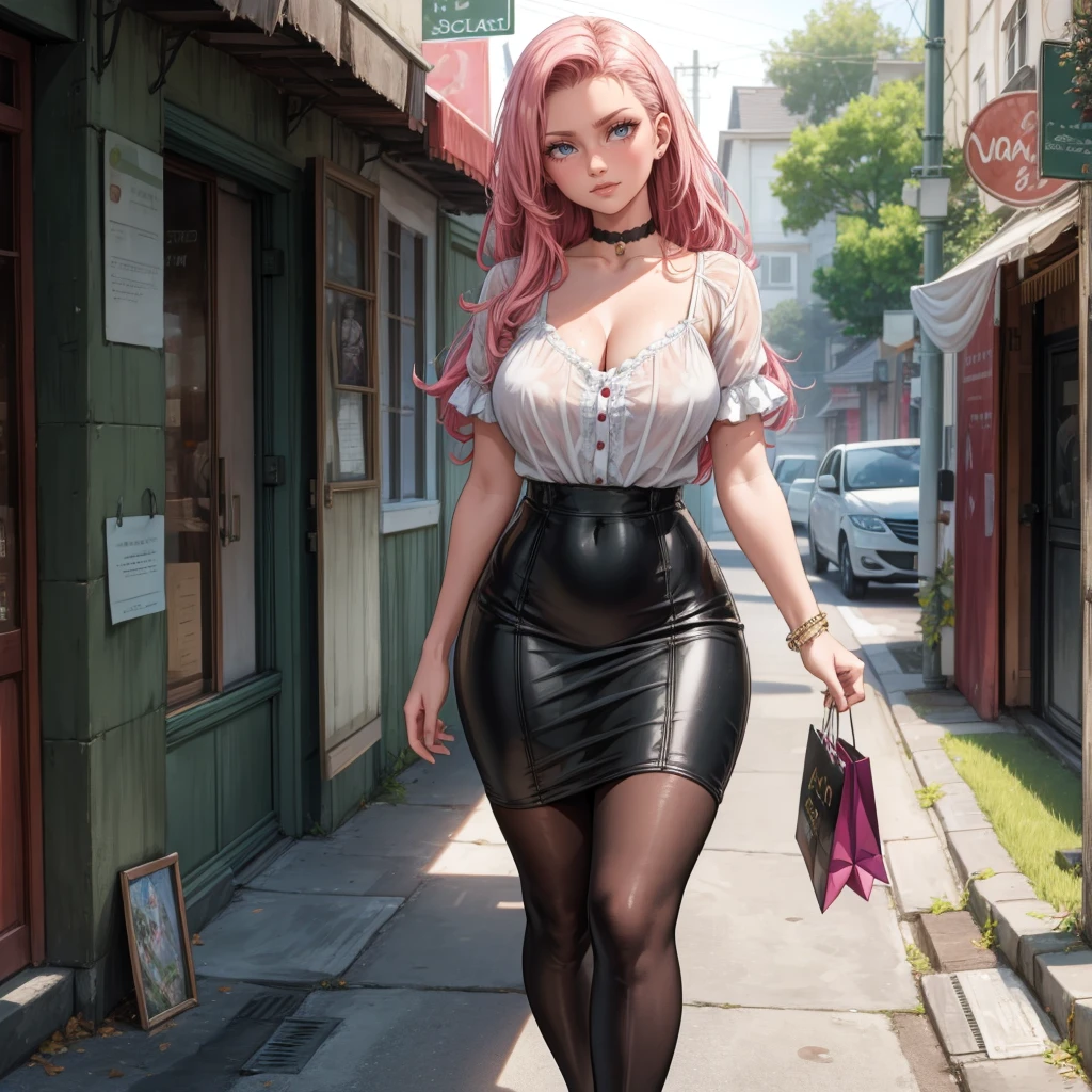 (8k, RAW photo, best quality, masterpiece:1.2), (realistic:1.3), (photorealistic:1.3), ultra-detailed, (high detailed skin:1.2), 8k uhd, dslr, soft lighting, high quality, film grain, Fujifilm XT3, best quality, beautiful lighting, beautiful business woman, (pink long hair), walking and looking to the distant, looking away from viewer, tight mini skirt, black leather skirt, high heels, tie, thick thighs, open shirt, open white shirt, white shirt, show cleavage, sexy legs, beautiful legs, shinny legs, elegant legs, elegant woman, beautiful eyes, pink contacts, sexy cleavage, --auto --s2