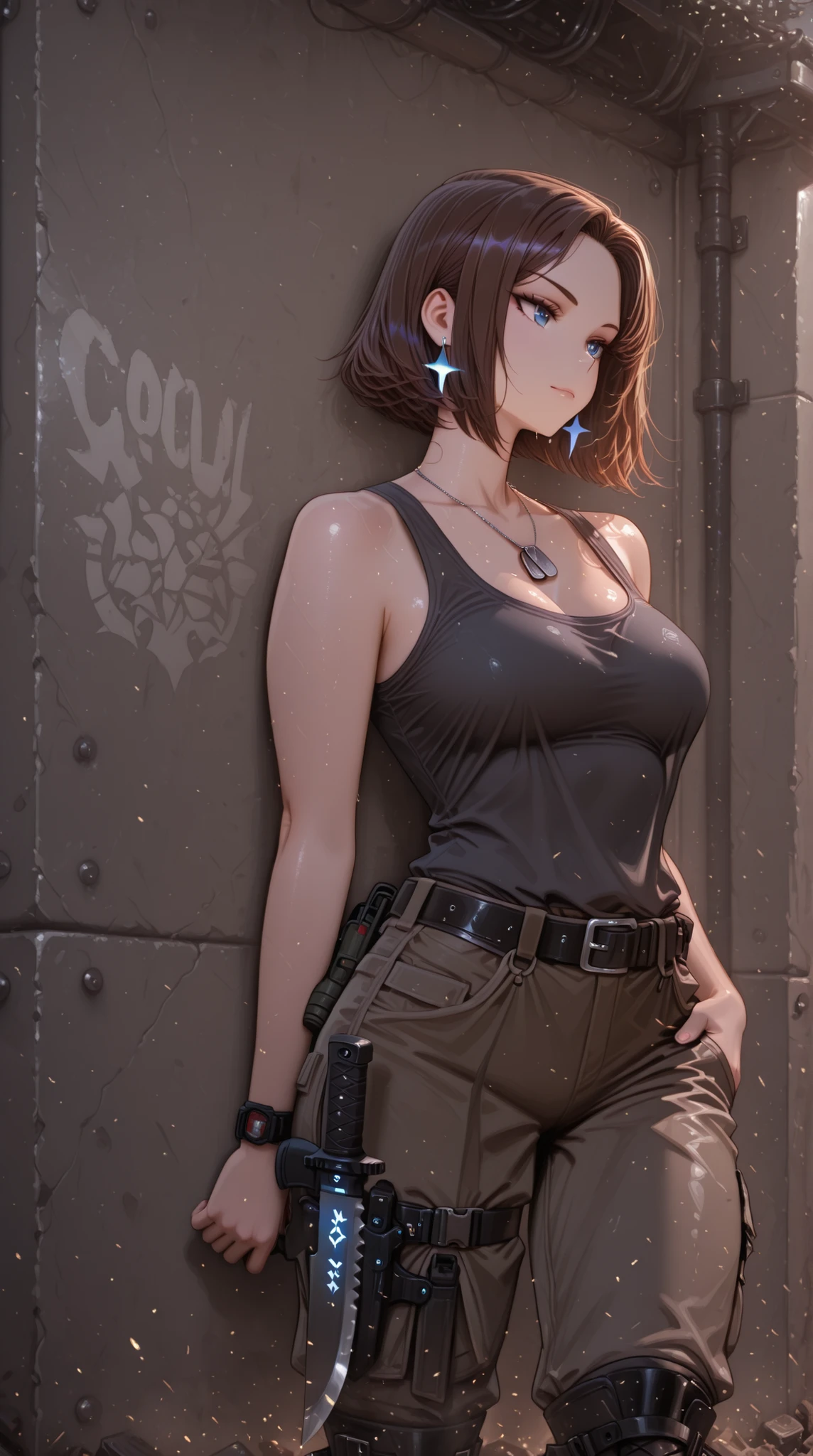 Cool Beauty, belt, harness, tank top shirt , leg holster, arm survival knife holster, Dog Tags, Army Boots,