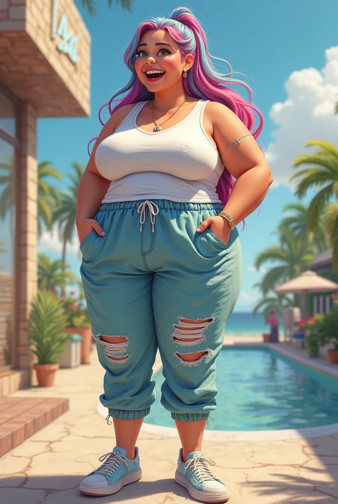 High Quality, Wet Diaper, Woman, Detailed Face, Rainbow Hair, Smile, Tattoo on Arm, In Public, Chubby, Thick, Big Breasts, Thighs, Beautiful Lighting, Plump Cheeks, Big Lips, Rainbow Lipstick