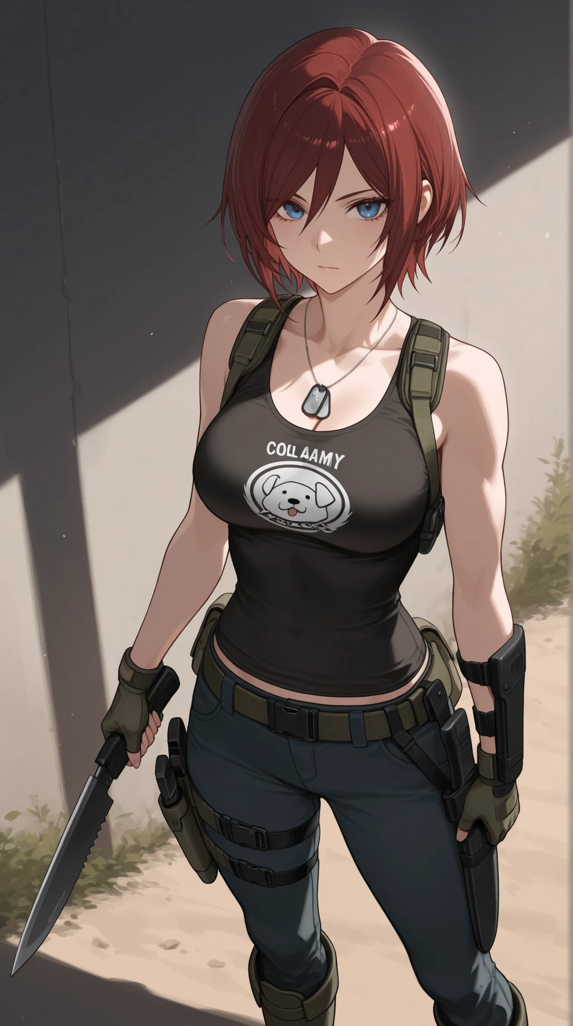 Cool Beauty, belt, harness, tank top shirt , leg holster, arm survival knife holster, Dog Tags, Army Boots,