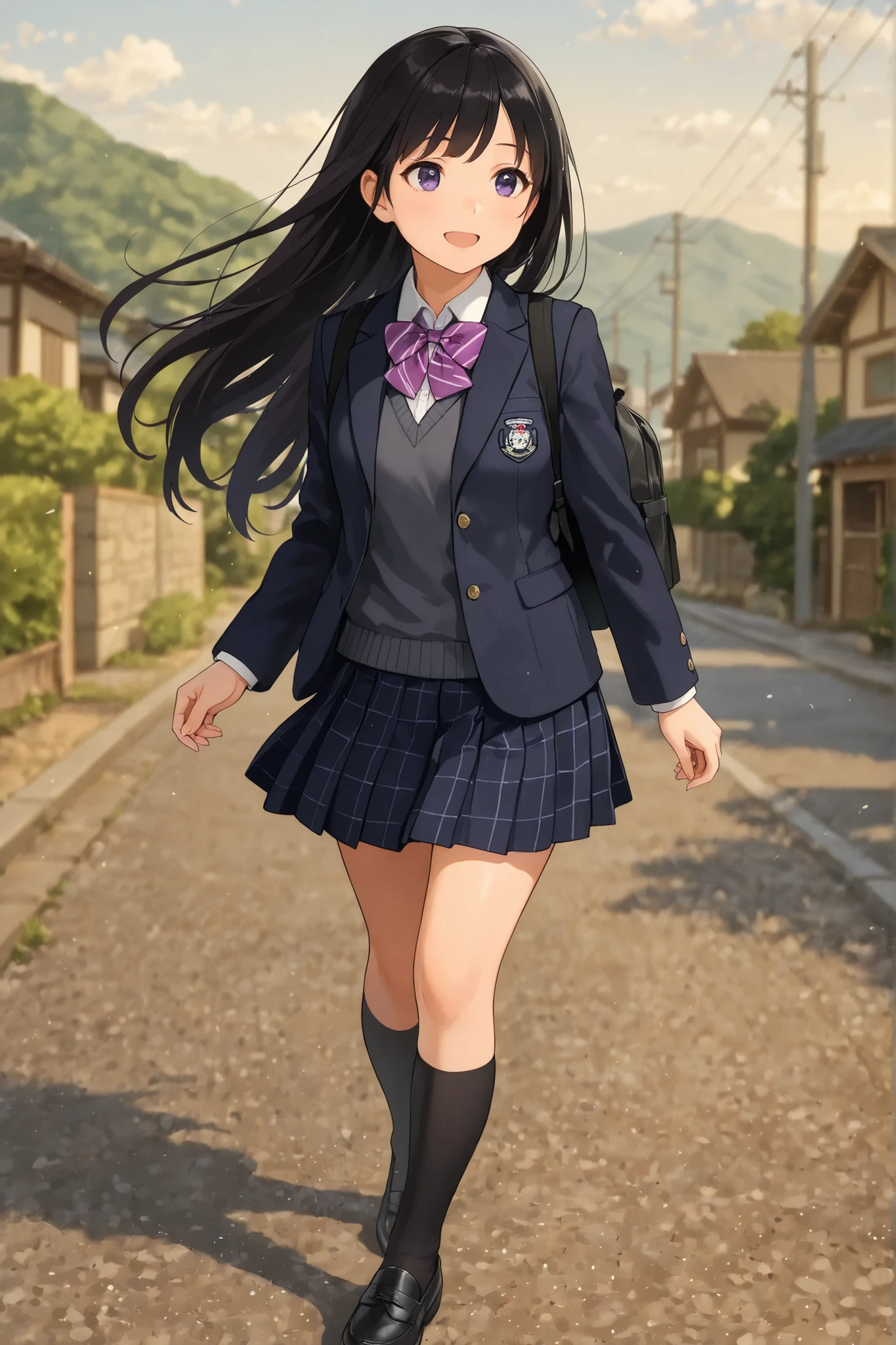 A 7-heads-tall, semi-realistic anime-style full-body illustration of a Japanese high school girl.
She is wearing a dark navy blazer with a school emblem on the left chest, a white shirt, a gray V-neck sweater vest, and a purple and white striped ribbon tie.
Her pleated skirt is navy with a fine white checkered pattern.
She wears black knee-high socks and black leather loafers, and carries a black school backpack on her back.
Her long, straight black hair reaches down to her waist and flows gently in the wind.
She is walking down a quiet residential street in a rural Japanese town under soft morning sunlight.
Her facial expression is cheerful and youthful.
Her pose is graceful and feminine, with a gentle twist at the waist as she walks forward, angled slightly 15 degrees to her left.
The illustration is from a full-body perspective showing her entire figure from head to toe.