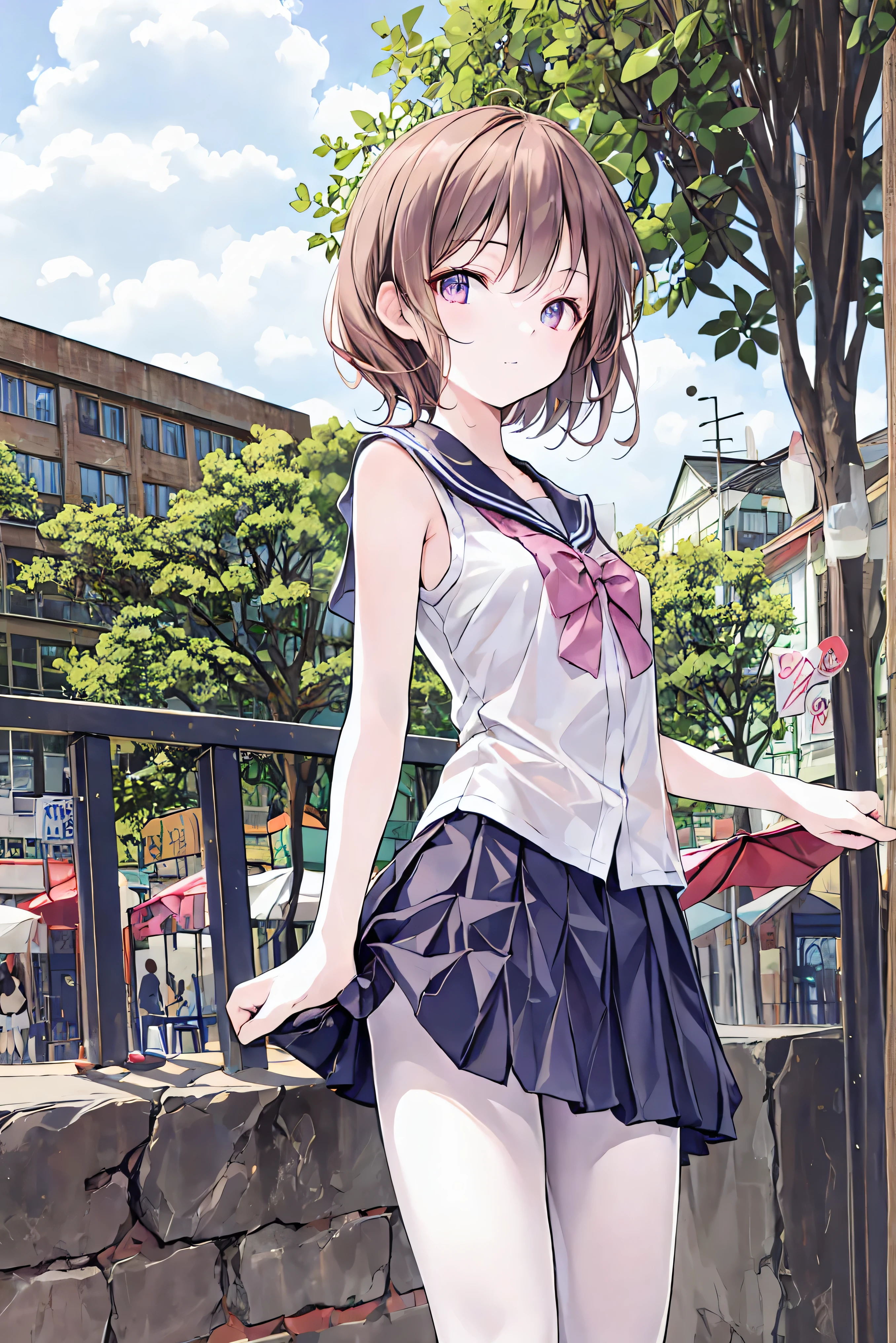 濃いbrown hairの色, pale pink eyes, navy blue school top ,Navy straight skirt ,Kind girl,8k,,beautiful,brown hair, shortcut, disheveled hair , short braided hair, Neat , slender beauty , correct posture,small breasts,beautiful脚, Her Enchanting Grayish Blue Eyes Shine Like Stars,Bored Eyes, bright color,beautiful目,A delicate smile,textured skin, top quality ,優しくてbeautiful女性, anime style、