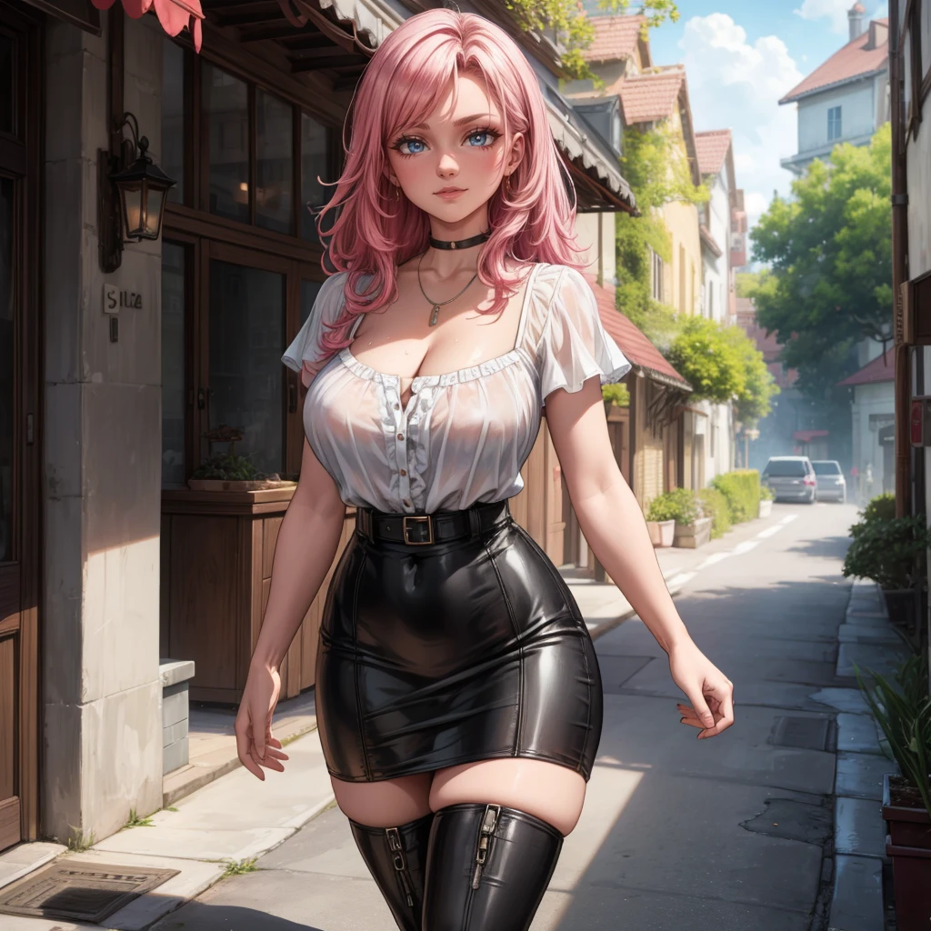 ((medium chest, tomboy girl, small head)), daylight, sunshine, (perfect body: 1.1), (young), (short wavy hair: 1.2), choker, full body photo, busy street, ((miniskirt)) , (extremely detailed CG 8k wallpaper), (an extremely delicate and beautiful one), (masterpiece), (best quality: 1.0), (ultra highres: 1.0), beautiful lighting, hard nipple, perfect lighting, pulled skirt,  realistic shadows, [highres], detailed, ultra-detailed skin, open thigh, one leg up, crouched on the floor, black thigh, red high heels, large earring, thighs, (((color))), (loosely worn top), beauty brand, bottom angle, (((Best quality)), ((masterpiece)), 1woman, ((standing behind a GP bike)), standing with legs apart, high heels, (huge engine: 1.1), (red motorcycle:  1.3), (large wheels:1.1), (big bike:1.4), back, nipple sliding,(realistic:1.5),photorealistic, octane rendering,hyperrealistic, wide hips,huge thighs,white pants,(photorealistic face:1.2),necklace,(small breasts: 1.1), thick eyelashes, long eyelashes, (twin tails: 1.1), (redhead: 1.1), hair ribbon, arm straps, choker, (white lingerie: 1.3), best quality, nsfw, cameltoe, hair with locks,  half smile, (victory sign), (looking at the viewer), sharp focus, (4k), (Masterpiece), (best quality), fantasy, extremely detailed, intricate, hyper detailed, (perfect face), illustration, soft lighting, ( specular lighting:1.4),blue eyes,absurdly