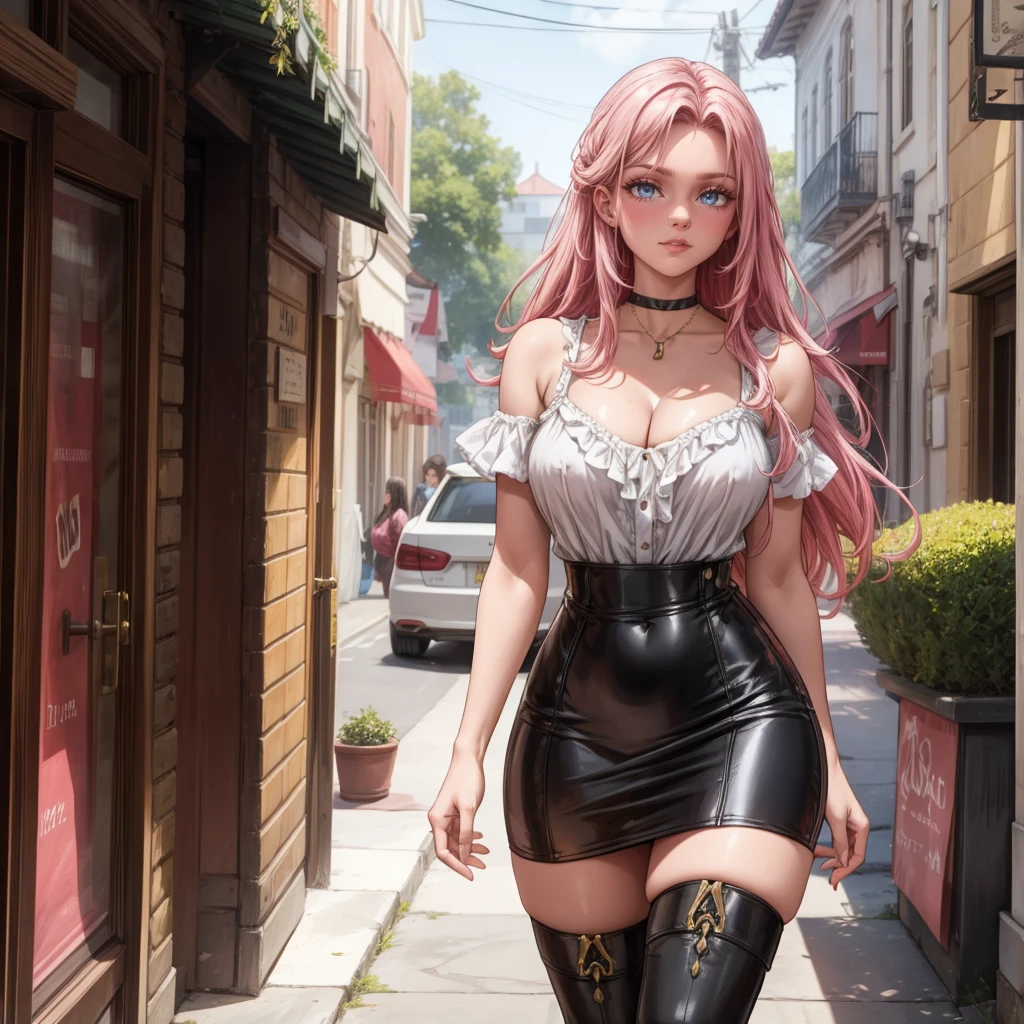 Masterpiece, beautiful art, 8k, art style by sciamano240, very detailed face, detailed hair, detailed clothes, detailed fabric, 1girl, beautiful face, long hair, hot pink hair , model head shot, facing camera, very detailed green eyes, sultry smile, wearing classy fall clothes, white dior thigh boots, white pencil skirt, walking , out shopping, necklace, chocker, rosey cheeks, sunny fall setting, full body view, photorealistic, indirect lighting, volumetric light, ray tracing, hyper-detailed, best quality, ultra-high resolution, HDR, (8k, Best Quality, Masterpiece:1.2), Ultra Detail, RAW Photo, Super Resolution, Professional Photo, Extremely Detailed and Beautiful, lot of drool, sweat, belly inflation