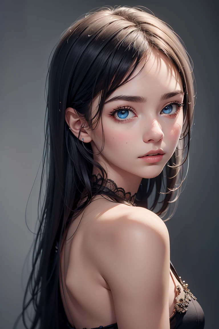 @(prompt) A girl with beautiful detailed eyes and lips, standing against a gray background, in a half-body shot. (best quality, photorealistic), portraits, monochromatic color palette, soft lighting.