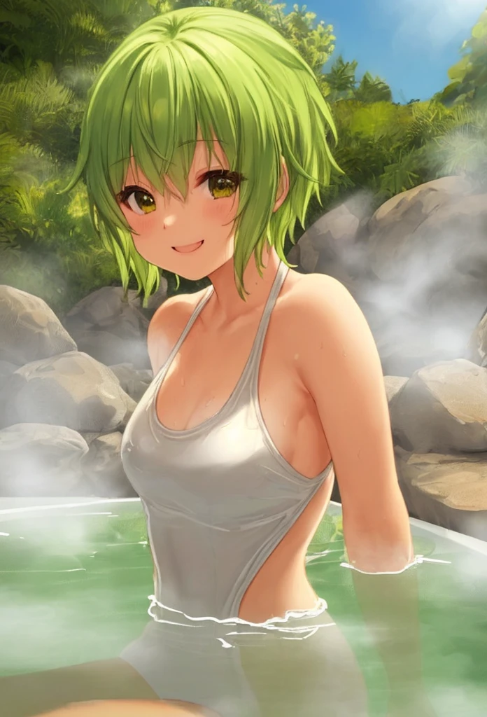 masterpiece, best quality:1.2), solo, 1girl, odelschwanck, seductive expression, looking at viewer, right hand over her chest, left hand reaching out to viewer, green hair, skull, torn clothes, underboob, skirt, skin texture, extremely detailed image, emerging from a hot tub